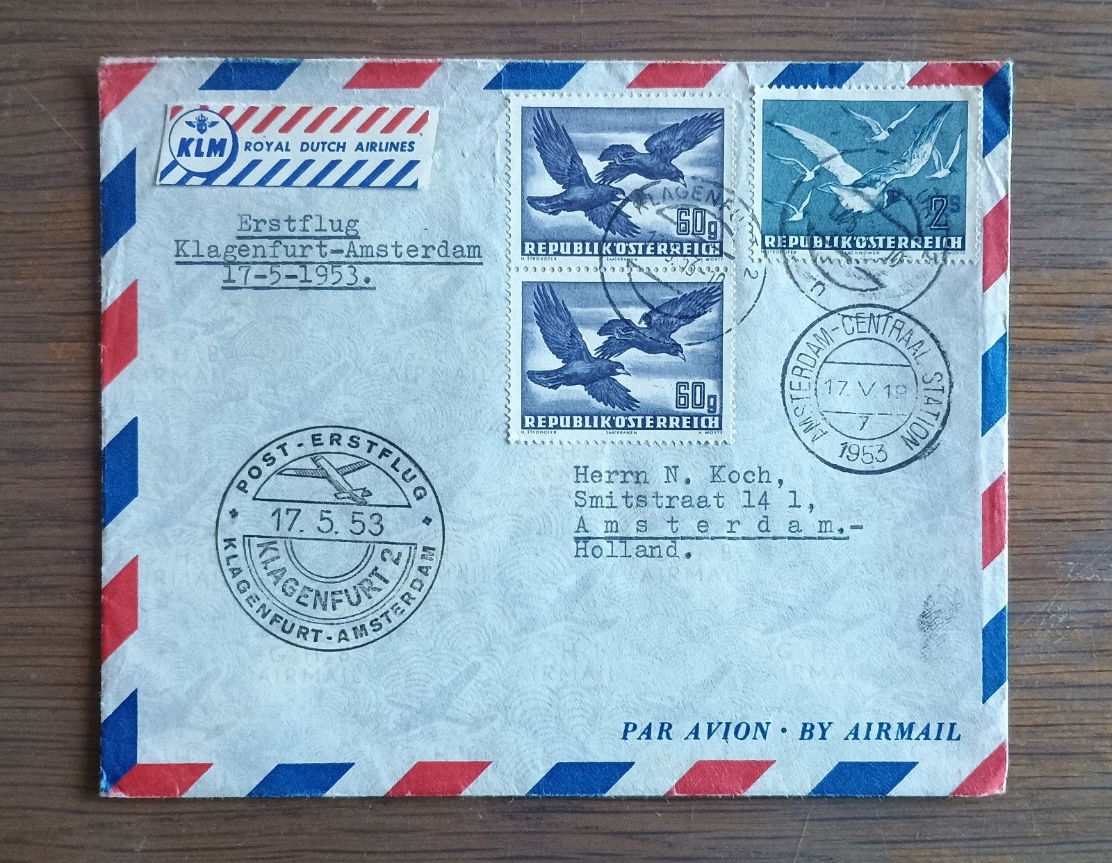 Luchtpostbrief eerste vlucht Klagenfurt-Amsterdam 1953, Ophalen of Verzenden, Envelop