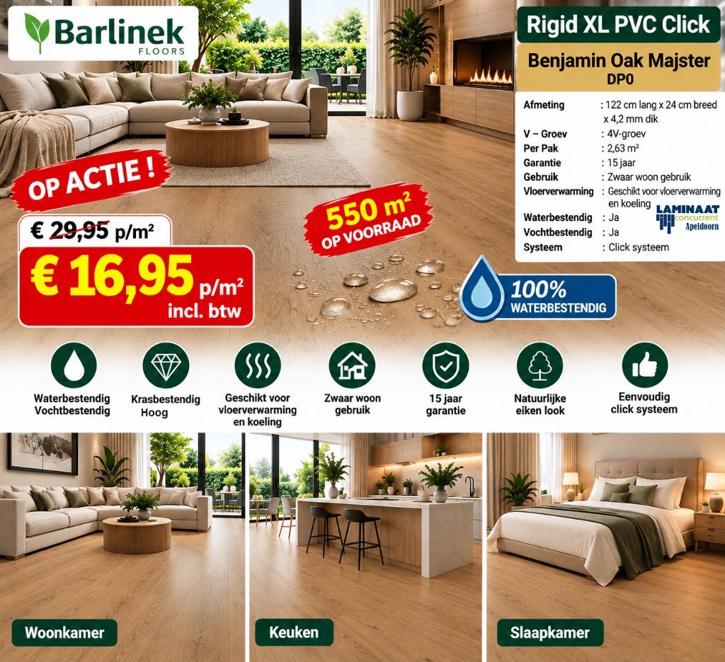 XL Pvc click Benjamin Oak 24cm  breed - zwaar woon gebruik, XL Pvc click natuur eiken XL plank, Bruin, 75 m² of meer, Nieuw