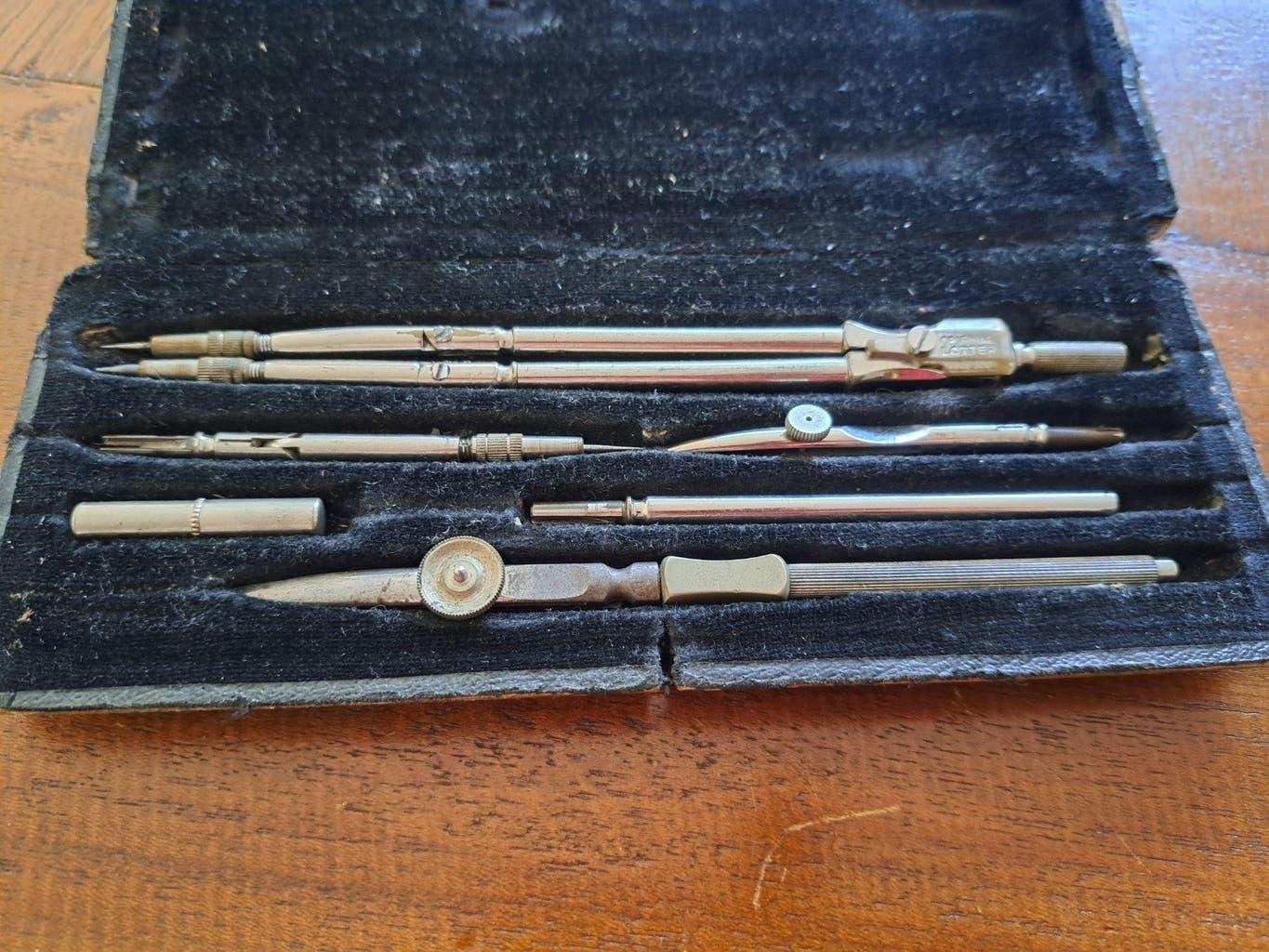 Vintage tekenset in etui - passer en tekeninstrumenten, Ophalen of Verzenden