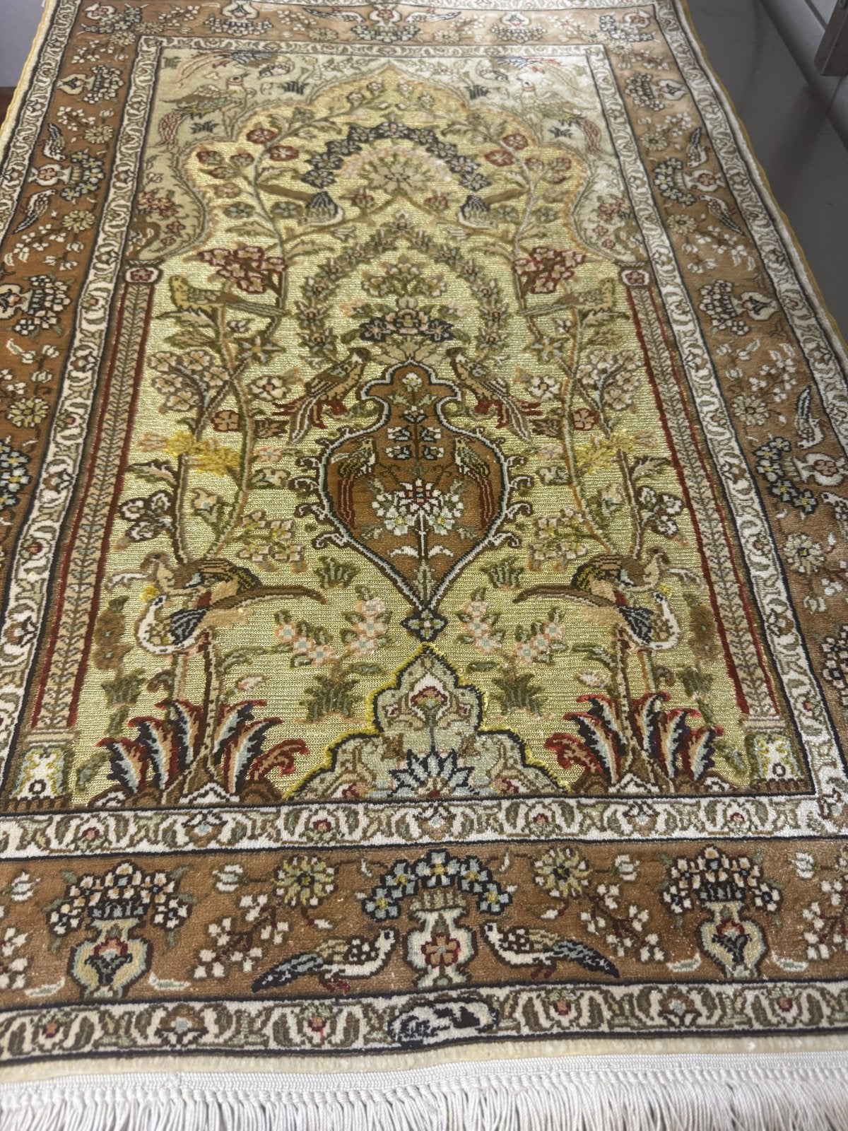 Hereke Perzisch tapijt 93x63 cm - Goede staat, Huis en Inrichting, Gebruikt, Beige, Rechthoekig, 50 tot 100 cm