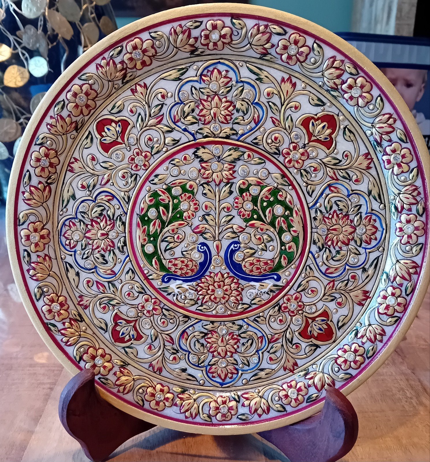 Decoratief marmeren bord met pauwen en bloemen, 22,5 cm, Antiek en Kunst, Ophalen of Verzenden