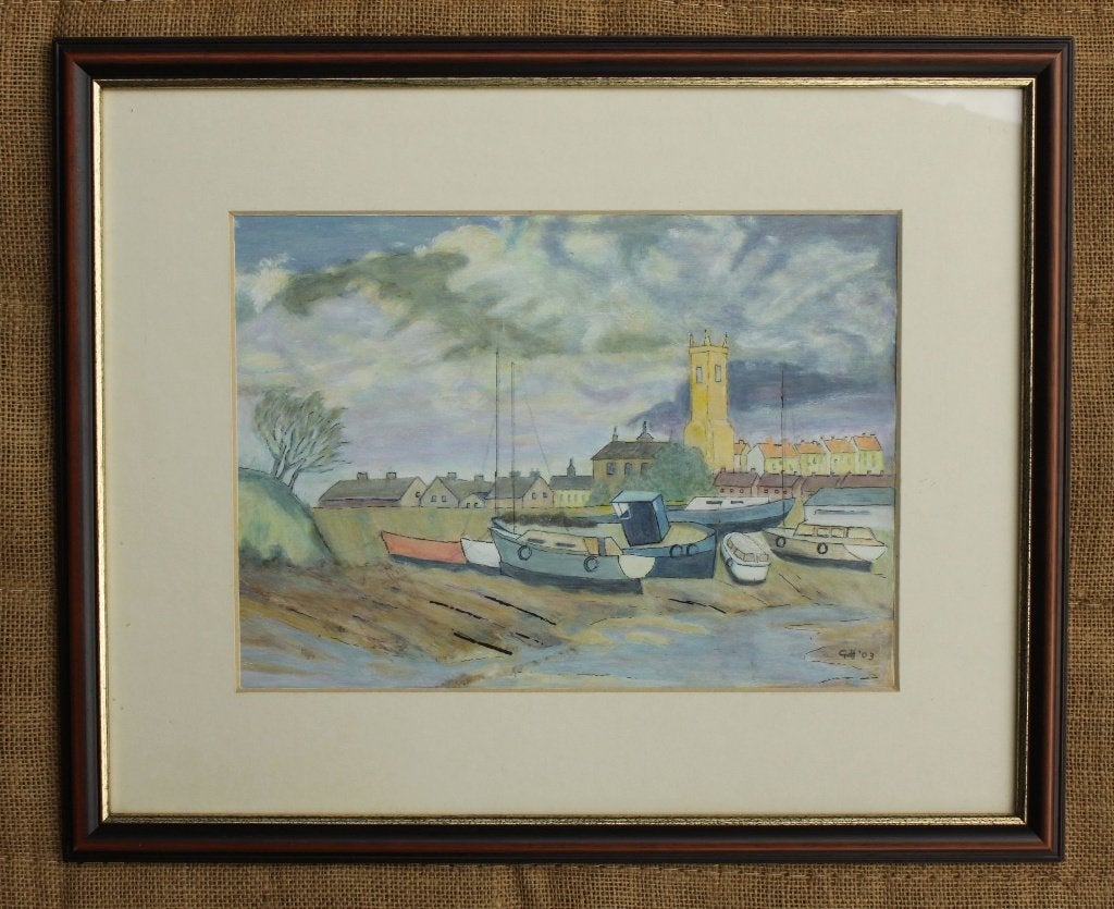 Schilderij   Haven van Exmouth,   Engeland    37, Antiek en Kunst, Papier/karton, Ophalen of Verzenden, Gemengde techniek, Stadsgezicht