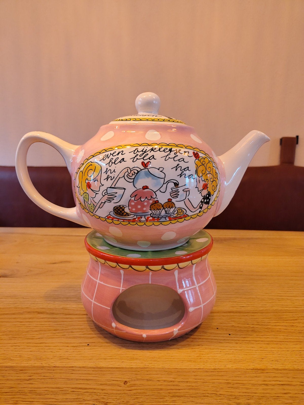 Blond Amsterdam theepot met theelichtje - Even bijkletsen, Zo goed als nieuw, Roze, Steen/keramiek, Ophalen