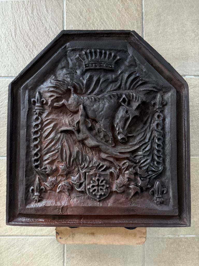 Antiek gietijzeren haardplaat, occitaans kruis, lelie, zwijn, Huis en Inrichting, Kachels, Ophalen, Hout, Houtkachel