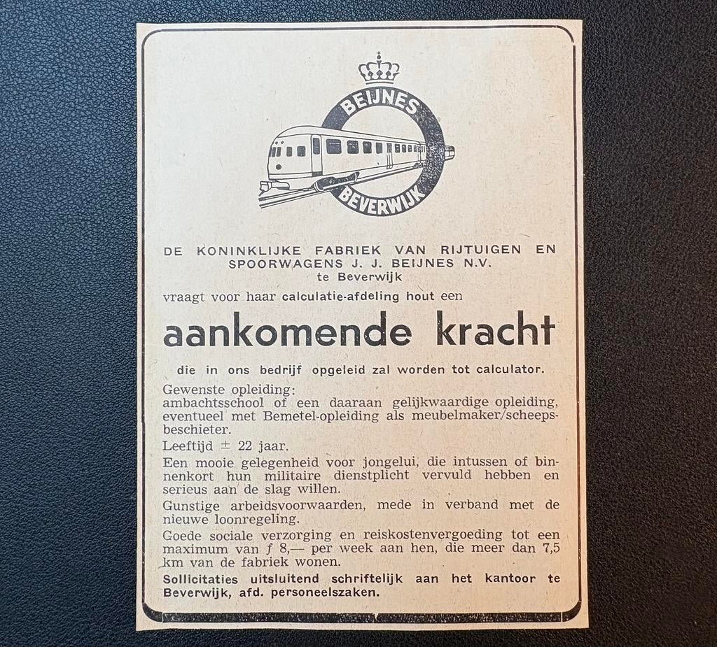 Oude vacature Beijnes ‘Aankomende kracht’ (1956), Ophalen of Verzenden, Gebruikt, Trein