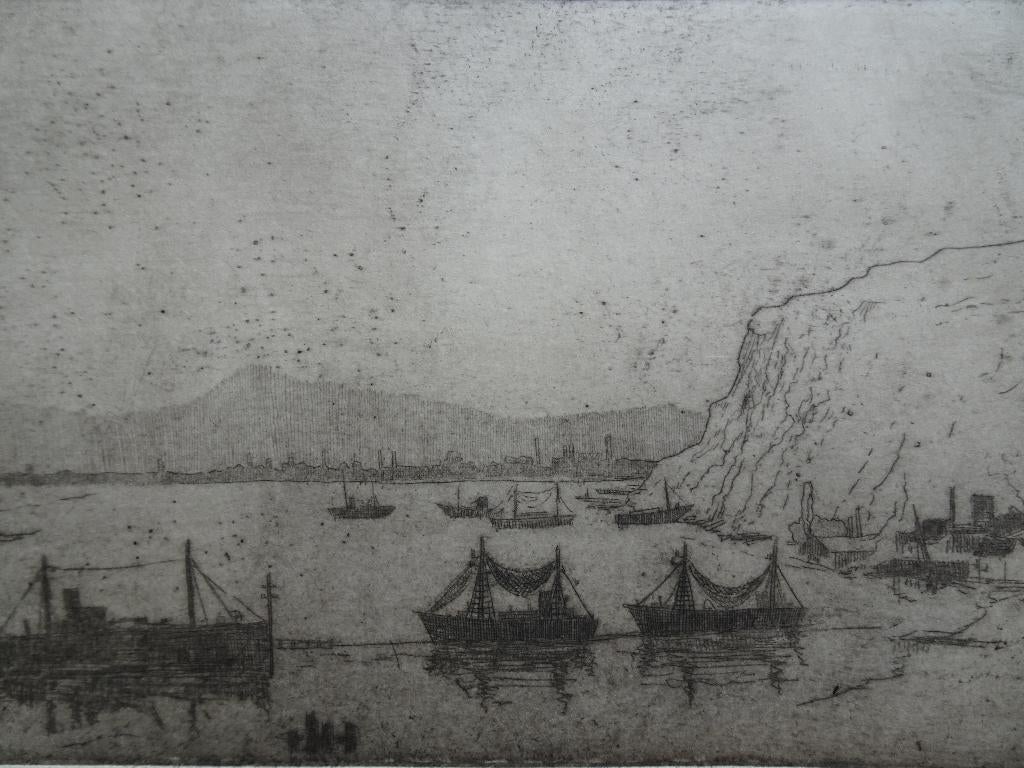 Ets krijtrotsen, schepen kust Z-Engeland, Poppe Damave, Landschap, Origineel, 1950 - 1999, Verzenden