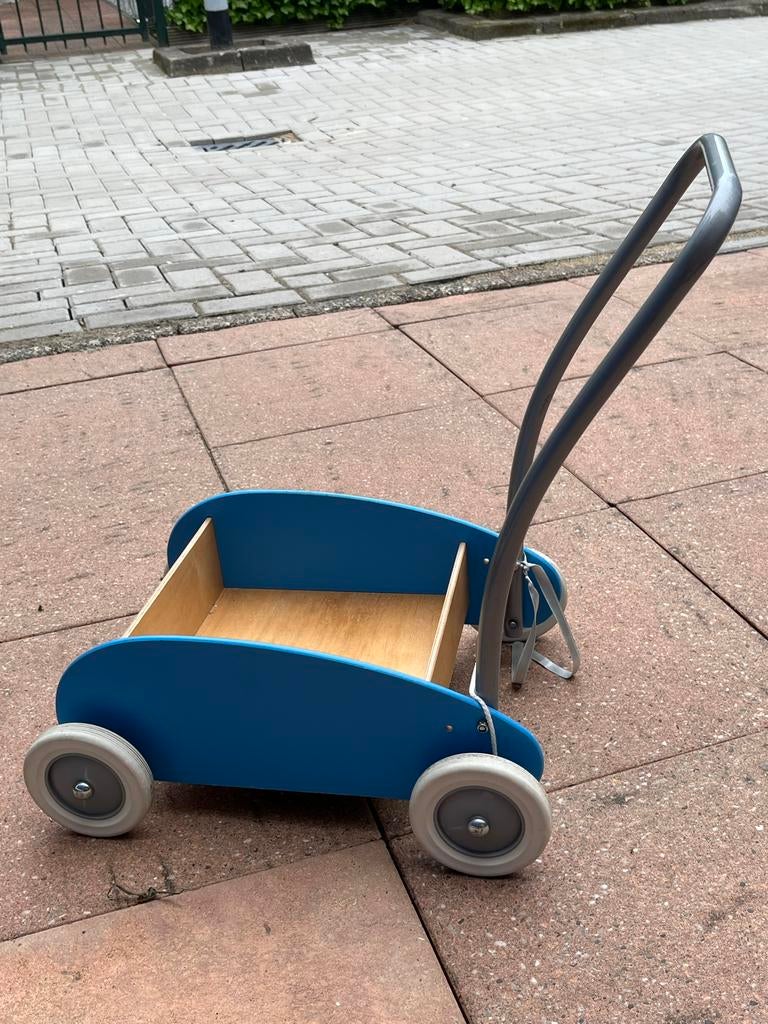Gratis Blauwe houten loopwagen / bolderkar voor kinderen, Ophalen, Gebruikt, Duw- of Trekspeelgoed