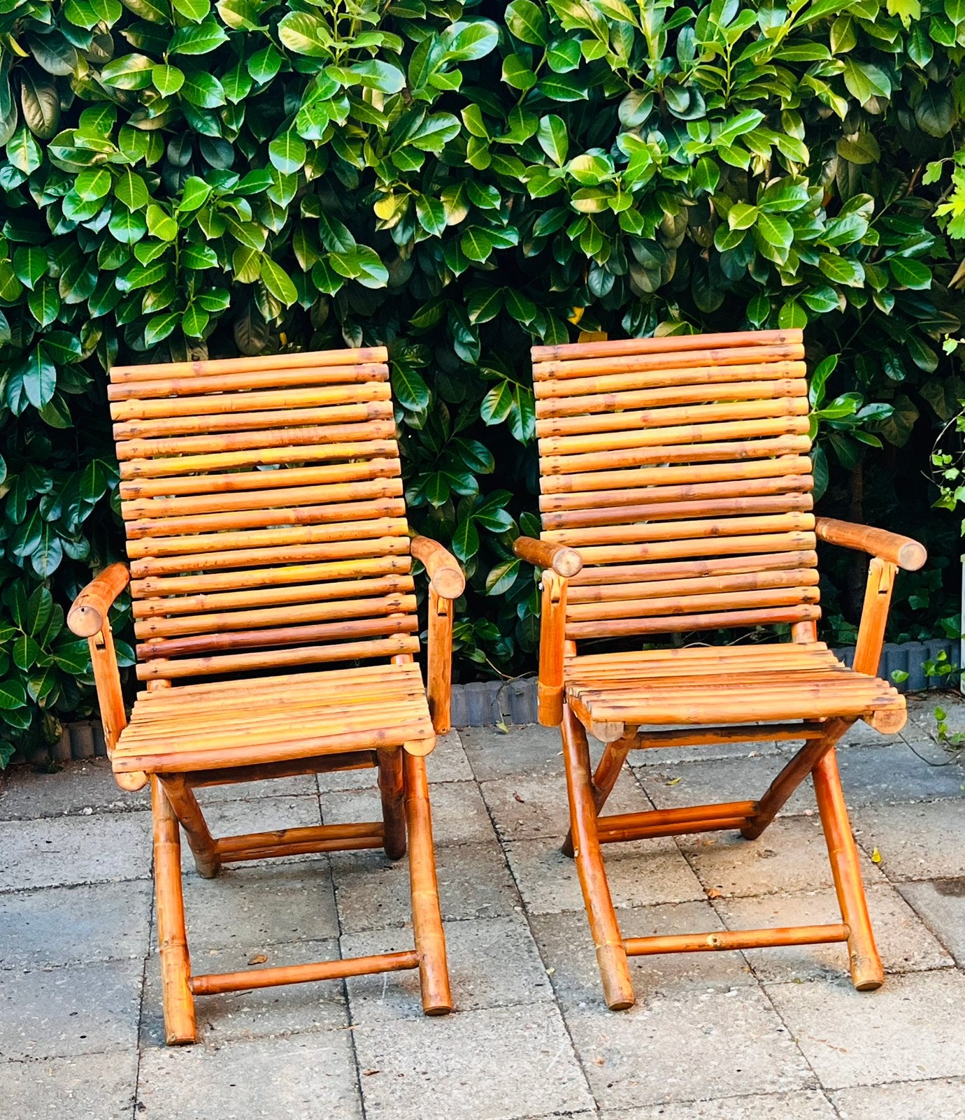 Een paar vintage bamboe klapstoelen  – jaren 70, Gebruikt, Twee, Bruin, Ophalen of Verzenden