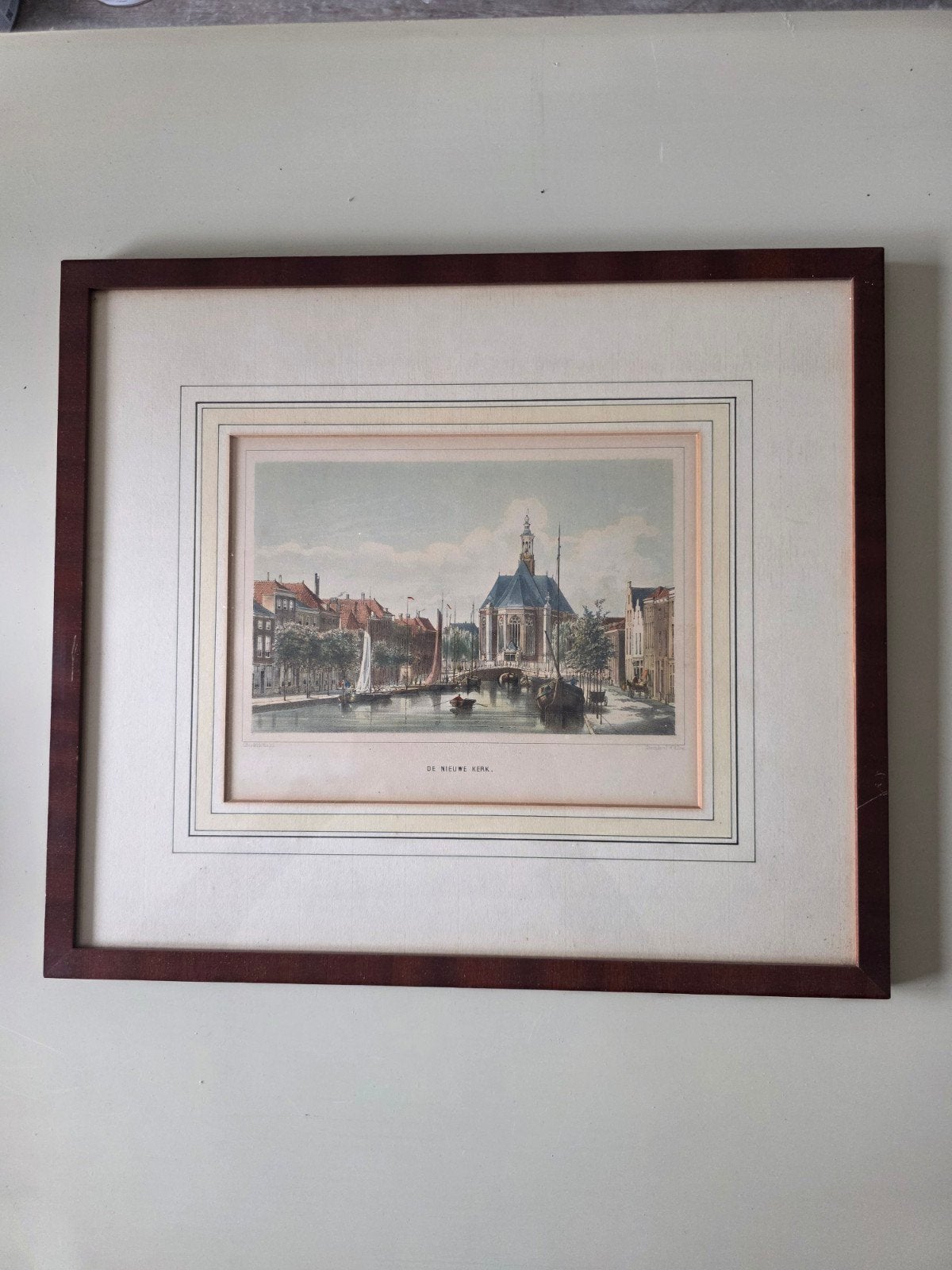 Steendruk Nieuwe Kerk Den Haag - G.J. Bos Lith., Ingelijst, 1800 - 1899, Stadsgezicht, Ophalen of Verzenden