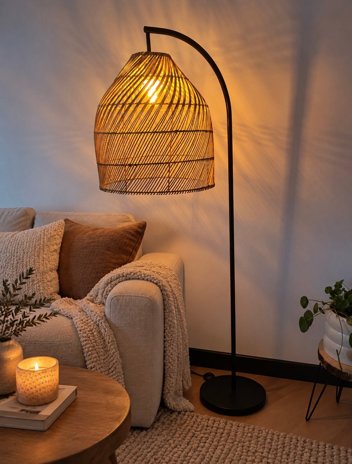 Staande lamp met bamboe kap - Zo goed als nieuw, Ophalen, E27 (groot), Zo goed als nieuw, Metaal