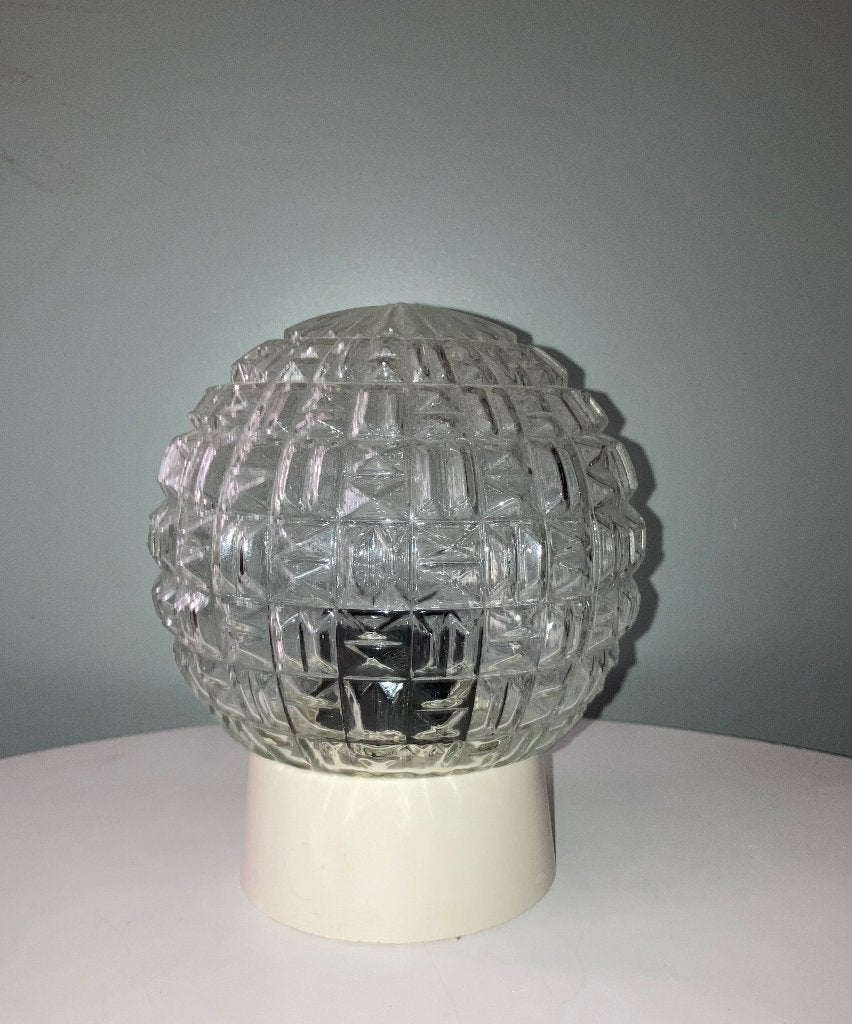 Vintage plafondlamp; bol met reliëf glas, Gebruikt, Vintage, Glas, 15 cm