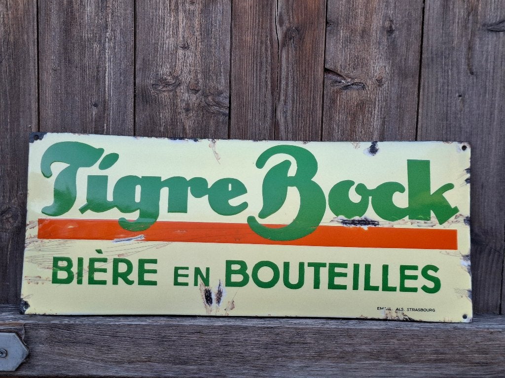 Emaillebord Tigre Bock bier (EAS - jaren 20-30), Ophalen of Verzenden, Zo goed als nieuw, Reclamebord, Plaat of Schild, Overige merken