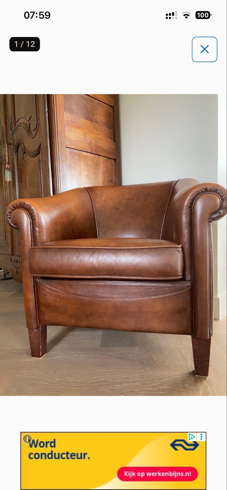 Leren club fauteuil in cognac bruin, Huis en Inrichting, Ophalen, Gebruikt, Leer, 75 tot 100 cm
