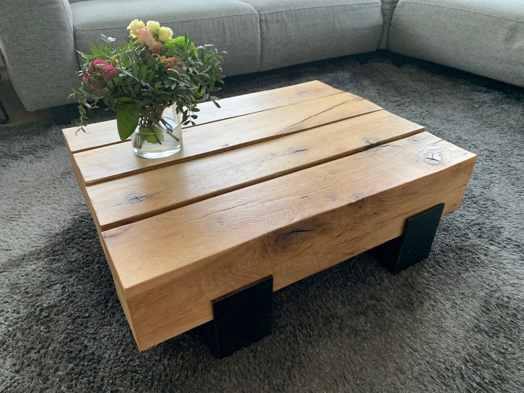 Massief eiken balken salontafel // 80 x 60 cm // Snel weg, Ophalen, Gebruikt, 50 tot 100 cm, 50 tot 100 cm