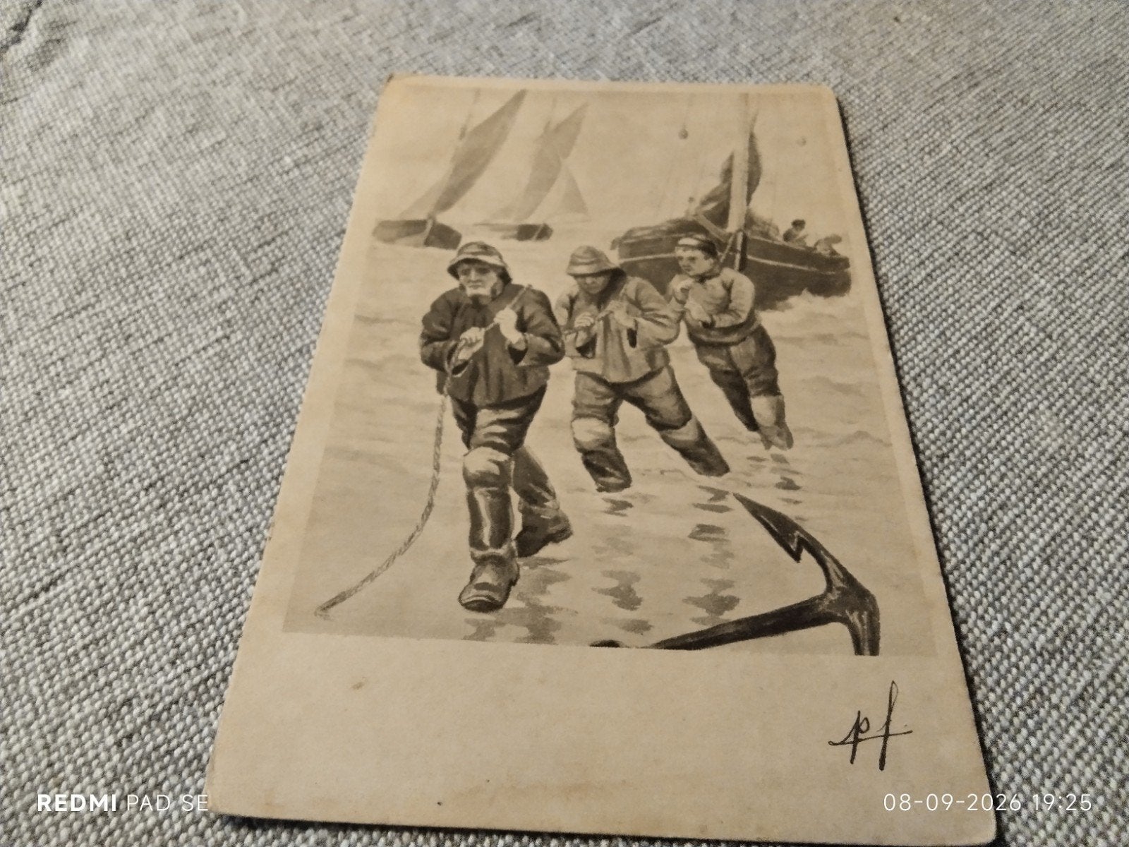 Zeer oude gelopen ansichtkaart met vissers en boten, Ophalen of Verzenden, Voor 1920, Gelopen
