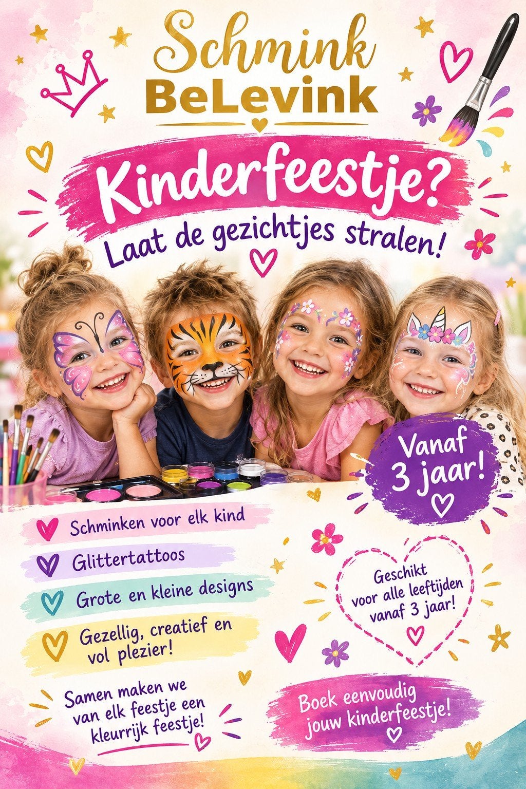 Schminken en/of glittertattoos op jouw kinderfeestje, Ophalen, Nieuw, Verjaardag