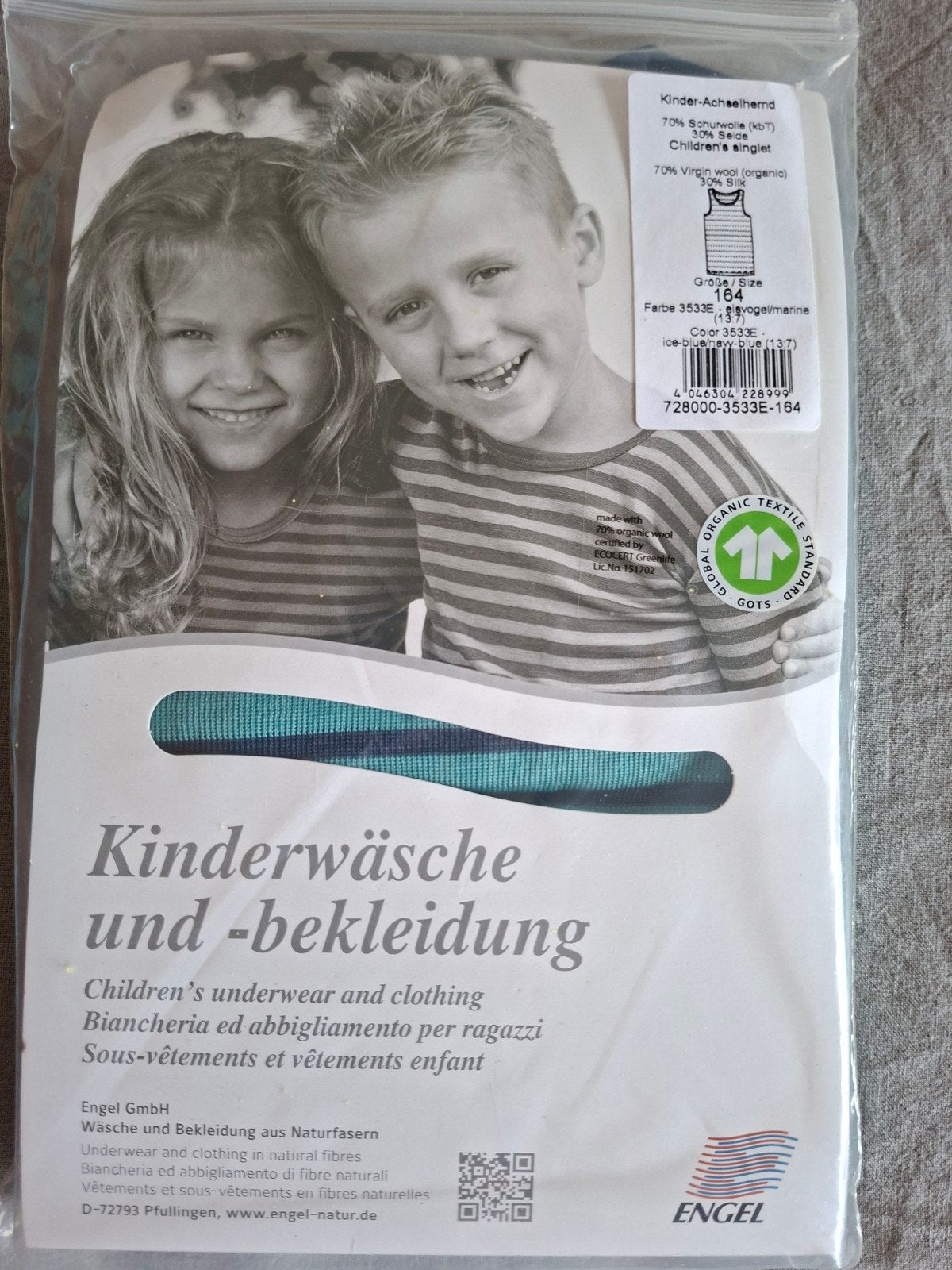 2 x Engel Kinder Hemd Wol Zijde Gestreept, maat 164, Nacht- of Onderkleding, Jongen of Meisje, Engel, Nieuw