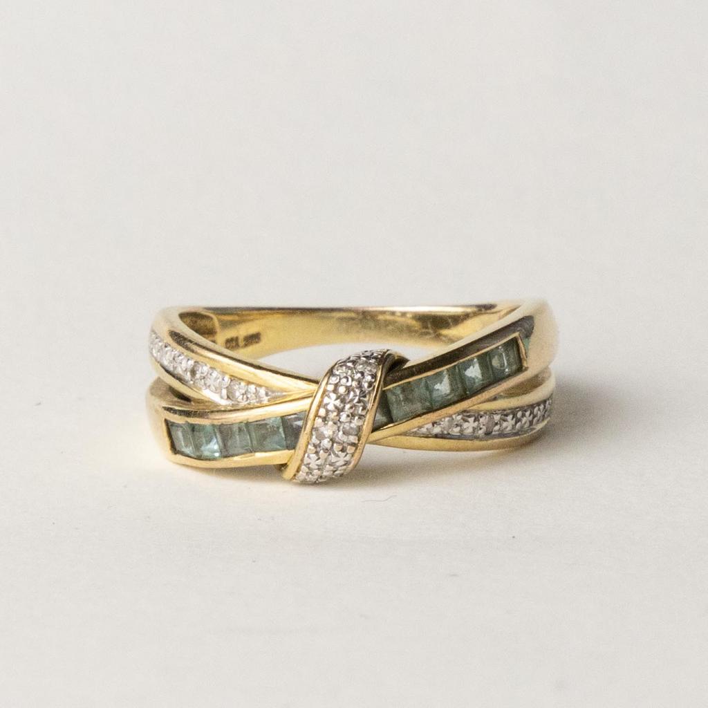 vintage 9 karaat gouden ring aquamarijn en diamant twist, Verzenden, Zo goed als nieuw, 17 tot 18, Nvt