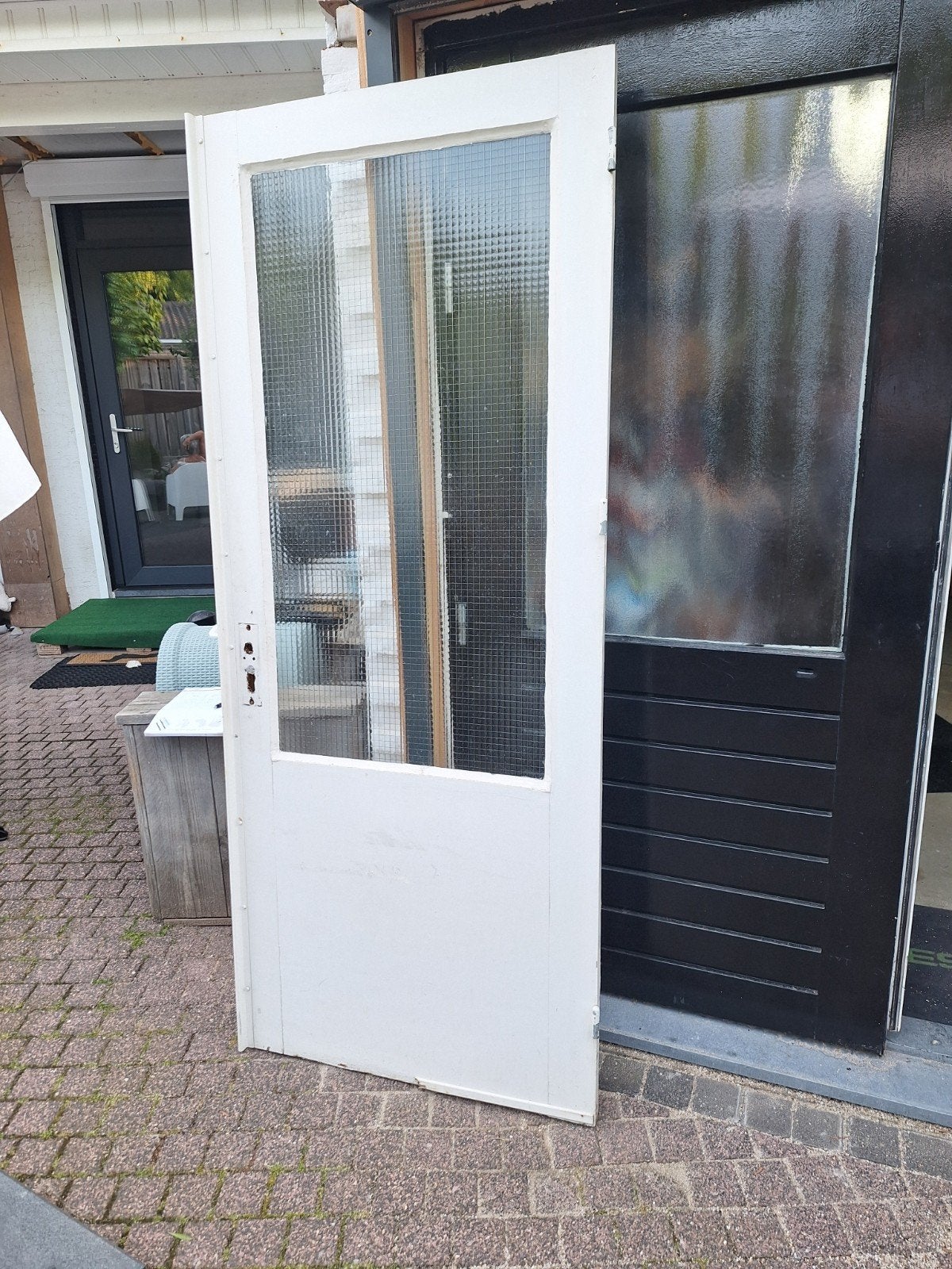 Te koop, achterdeur met kozijn en elektrische rolluik, Ophalen, Gebruikt, Binnendeur, Glas