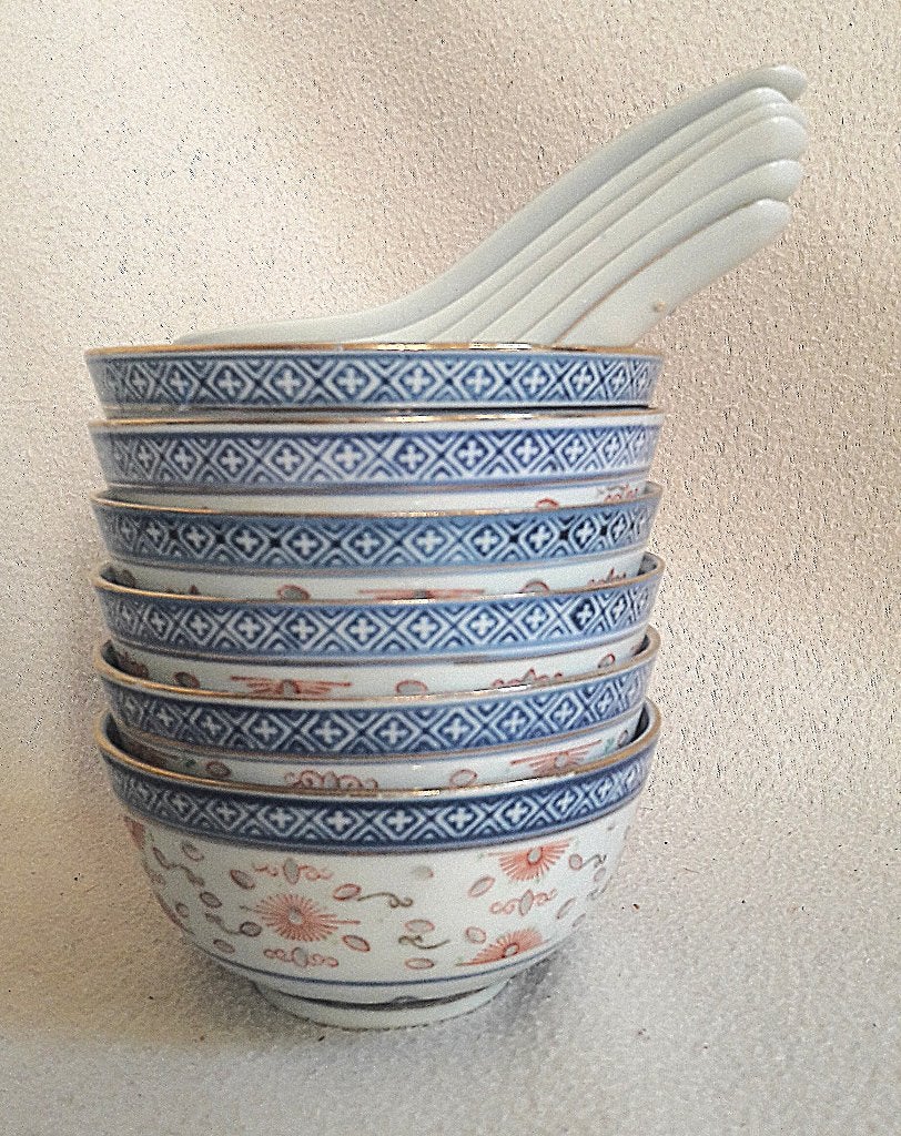 6 Chinese rijstkommen met lepels, blauw - wit porselein, Ophalen of Verzenden