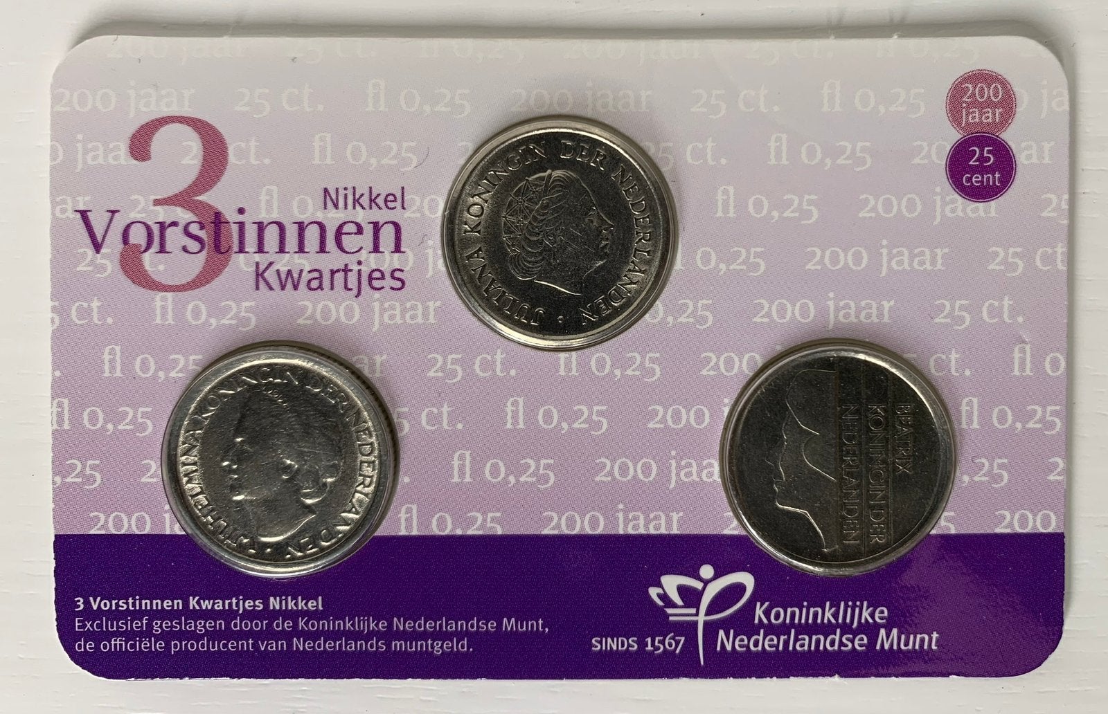 Drie vorstinnen kwartjes coincard, Ophalen of Verzenden, Koningin Beatrix, 25 cent