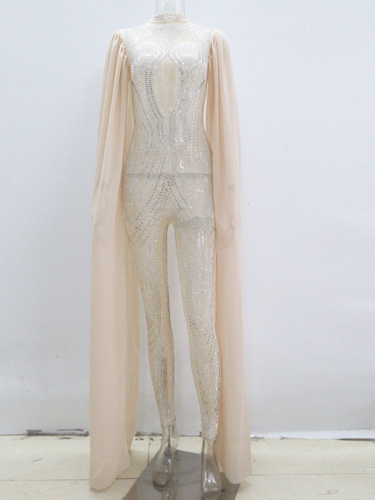 Dames catsuit 30 / bodysuit beige glitter jumpsuit festival, Verzenden, Maat 46/48 (XL) of groter, Nieuw, Overige thema's