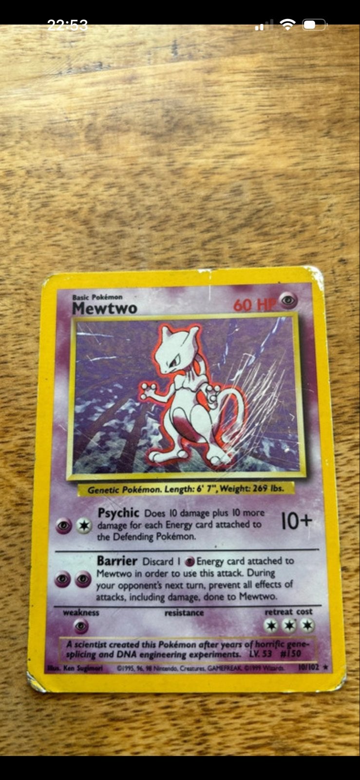 Mewtwo Pokémon kaart 10/102 Holo Base Set, Hobby en Vrije tijd, Verzamelkaartspellen | Pokémon, Ophalen of Verzenden, Gebruikt