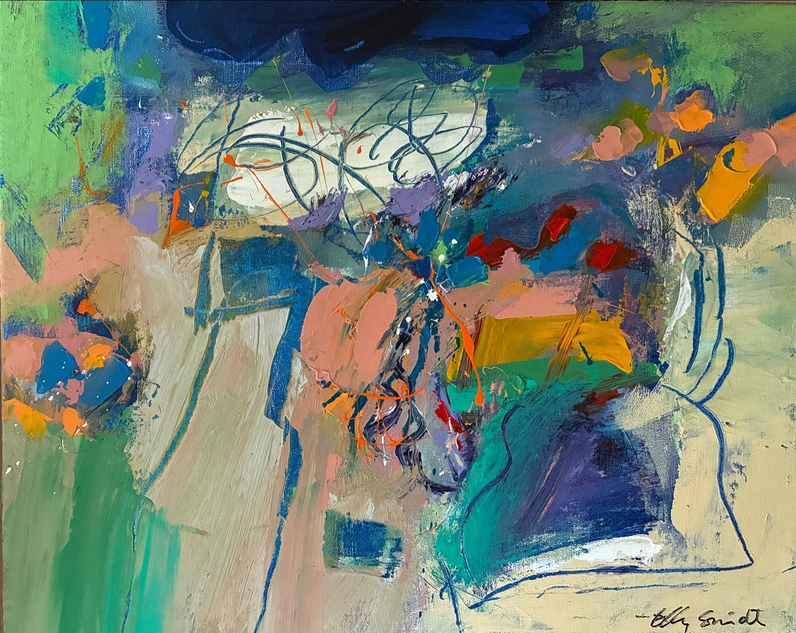 Elly Smidt - abstract schilderij zonder titel, Ophalen, Abstract, Acrylverf, Gesigneerd