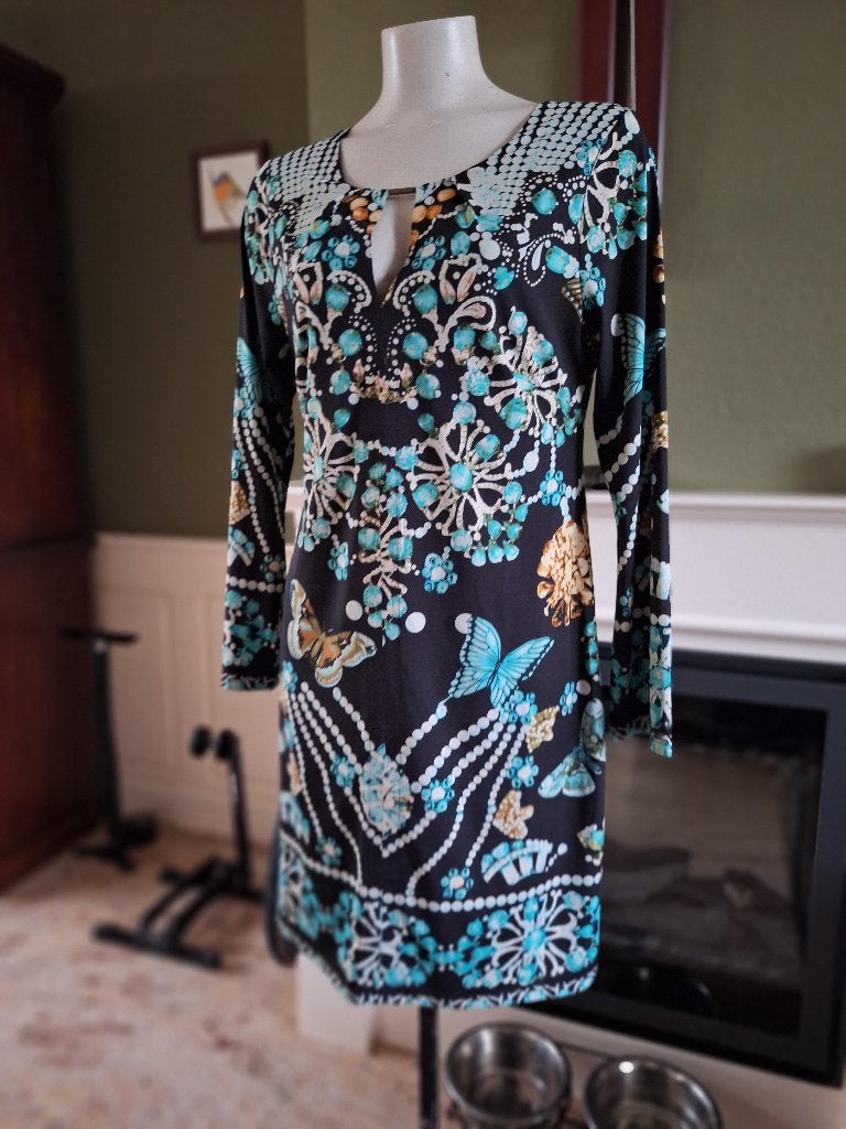 K-Design K Design zwart Aqua kleur jurk mt L, K-design, Verzenden, Zwart, Maat 46/48 (XL) of groter