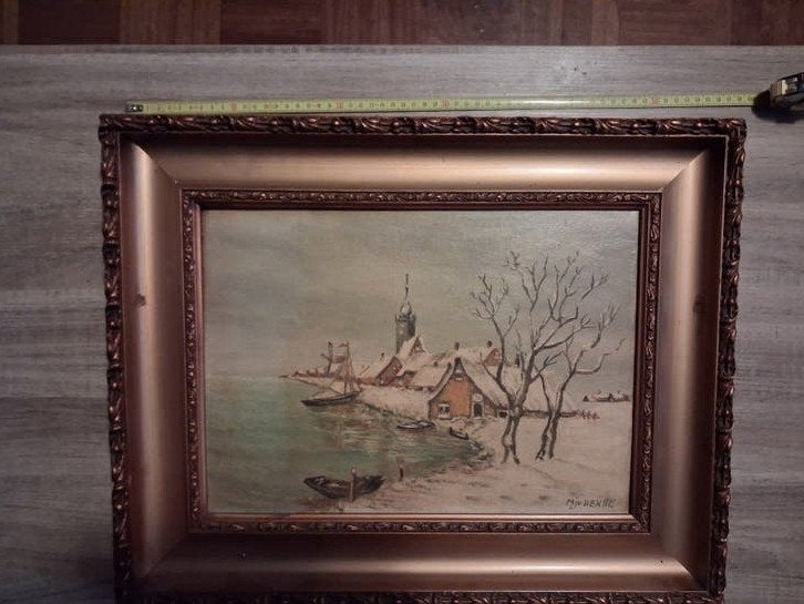 Schilderij winterlandschap met huisjes en water, Ophalen