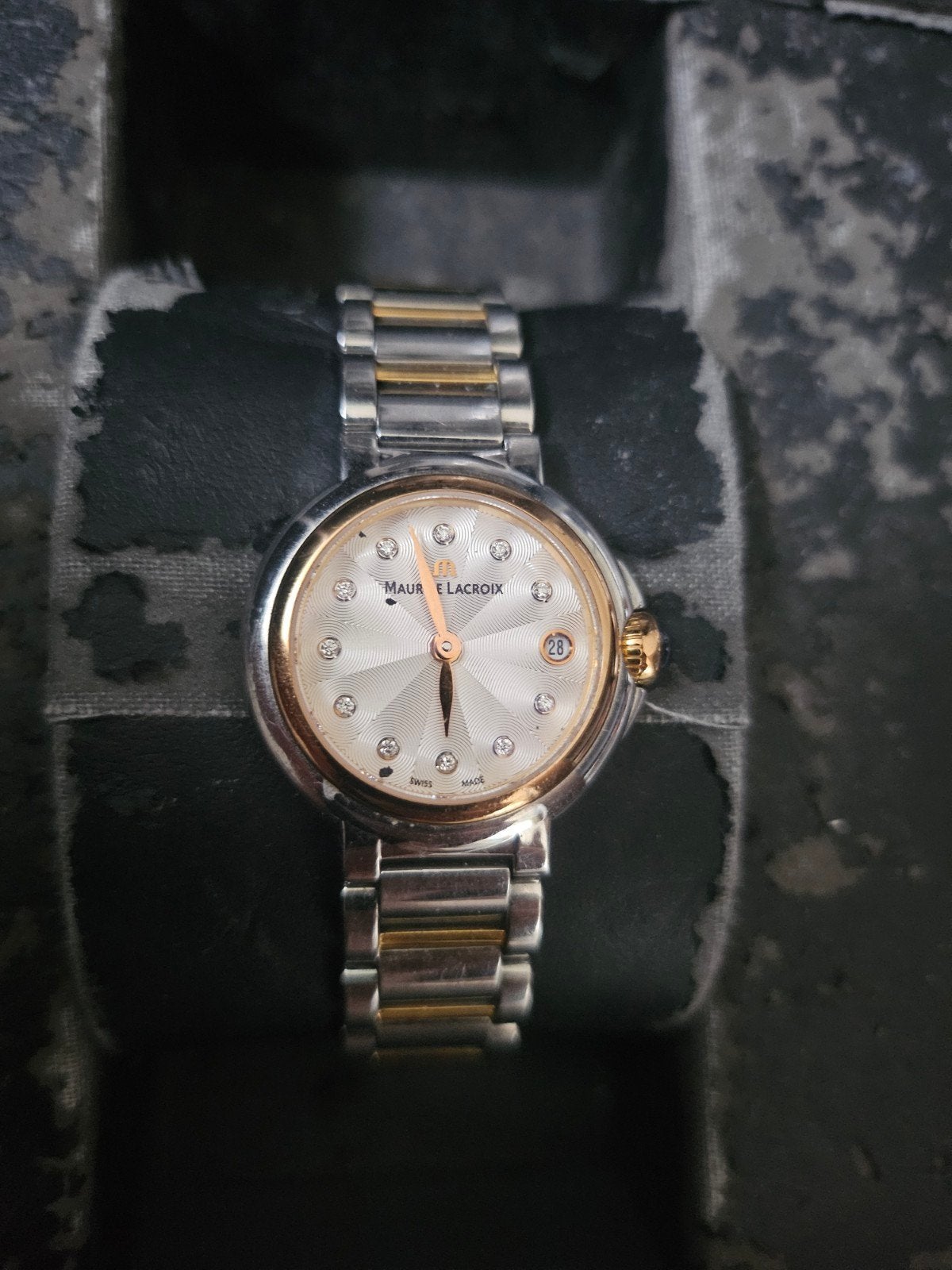 Maurice Lacroix horloge met diamanten en originele doos, Staal, Staal, Polshorloge, Zo goed als nieuw