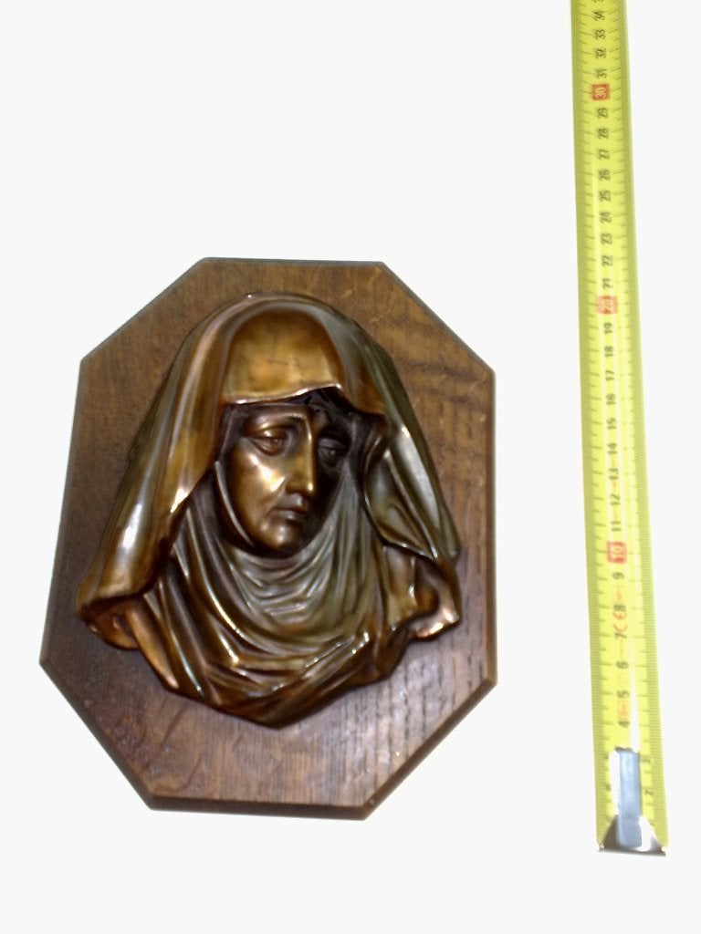 Maria afbeelding koper hoofd op hout zwaar wandhanger, Antiek en Kunst, Antiek | Religie, Ophalen of Verzenden