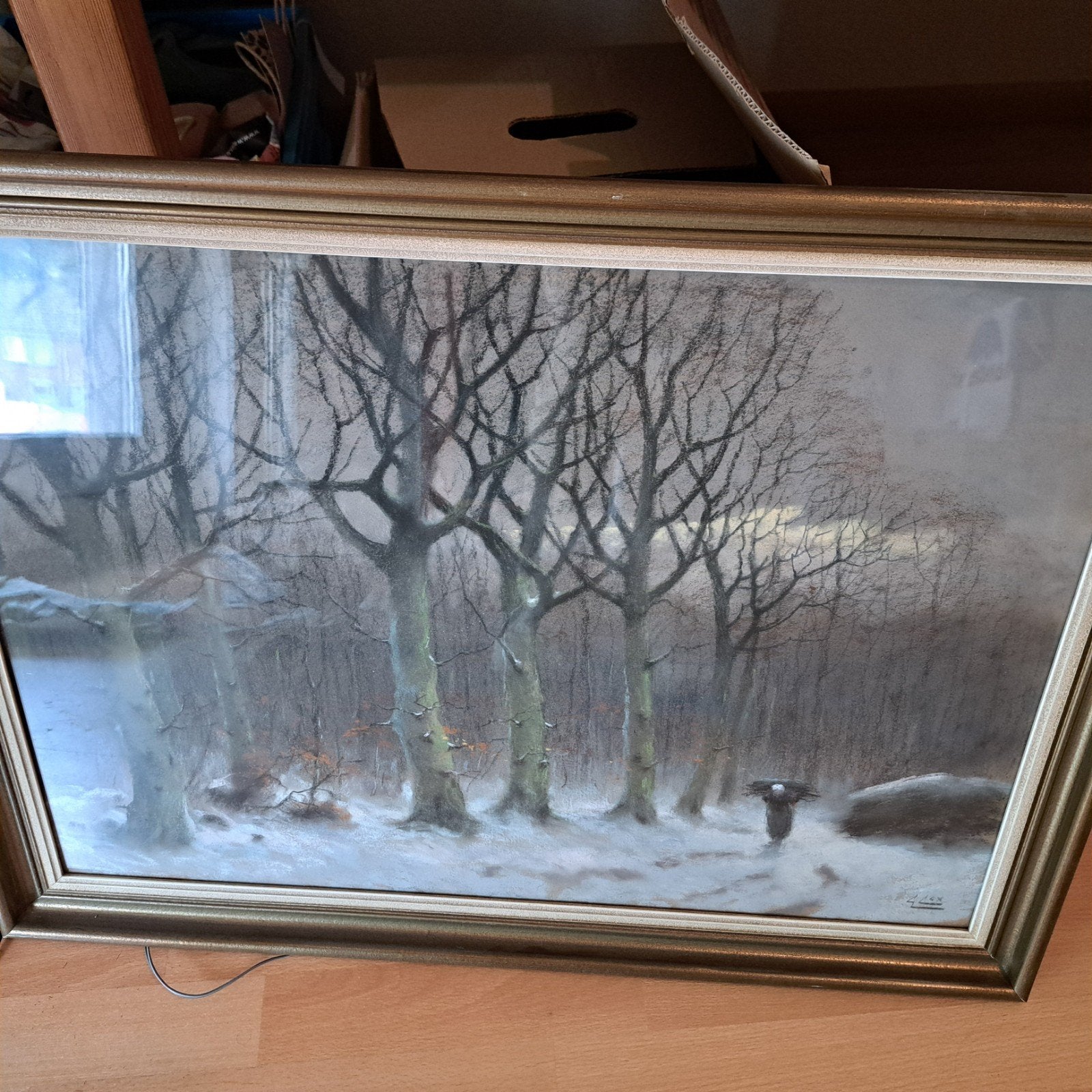 Schilderij Winterlandschap met bomen en figuur, Ophalen of Verzenden