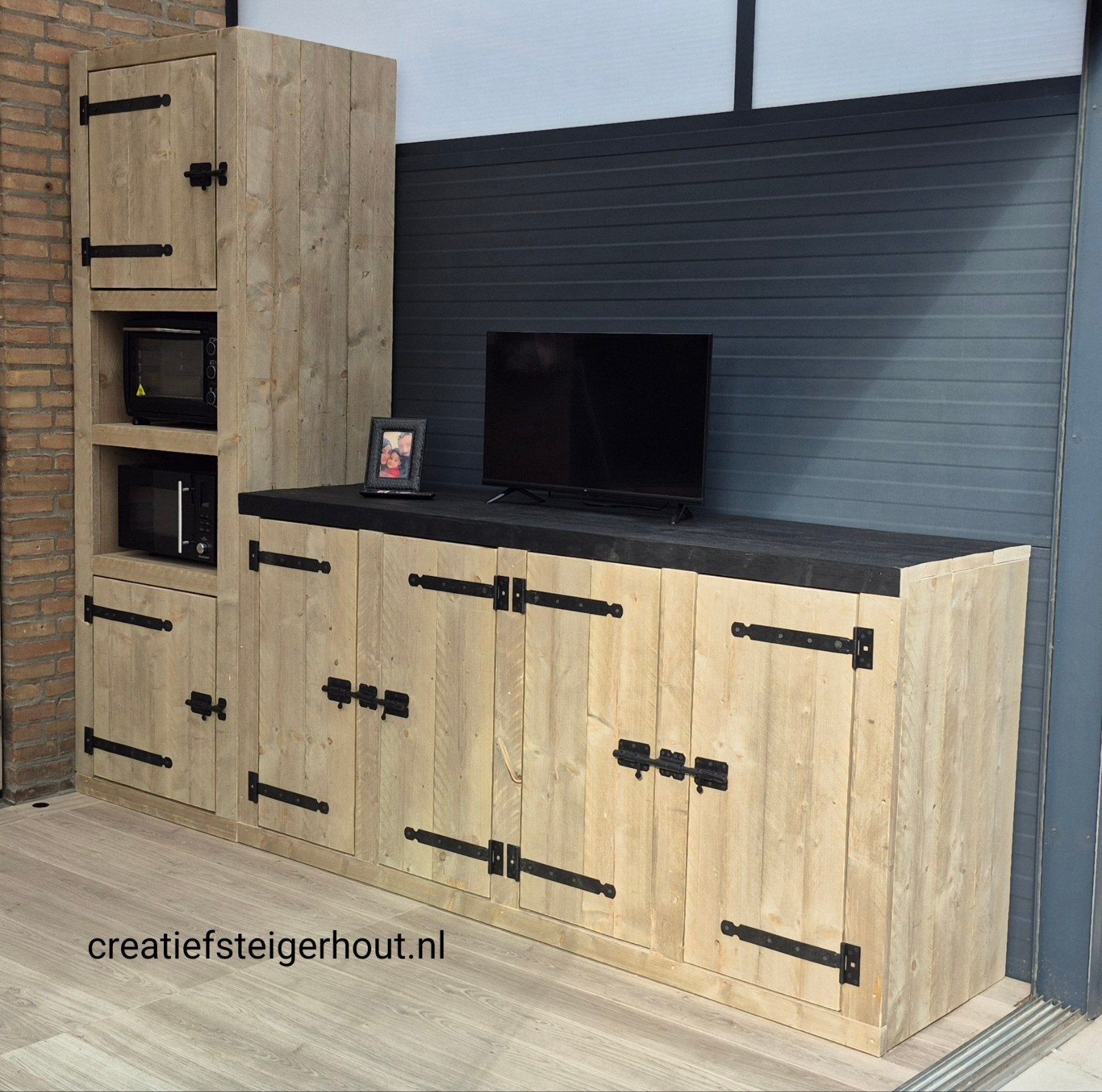 Steigerhouten keuken met hoge kast voor magnetron en oven, Verzenden, Nieuw, Elektrisch, Vrijstaand
