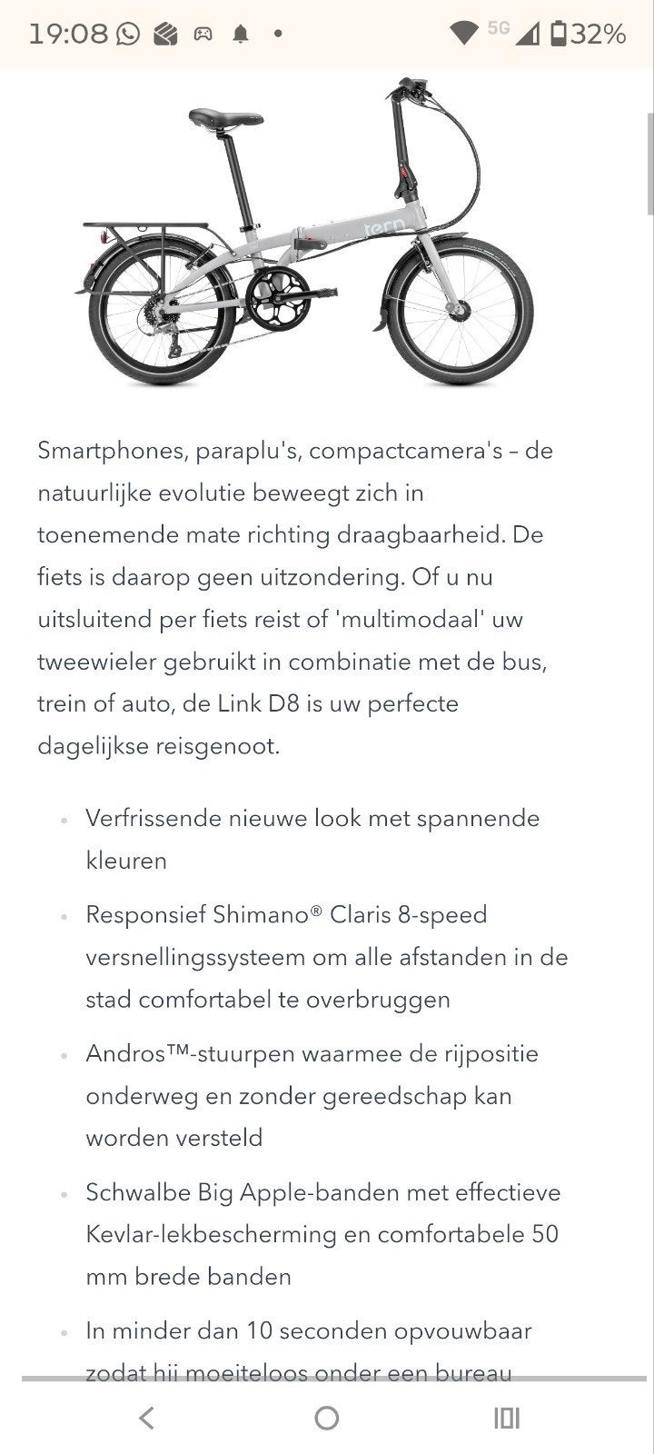 Vouwfiets Tern Type Link D8. De Bentley onder de vouwfiets.
