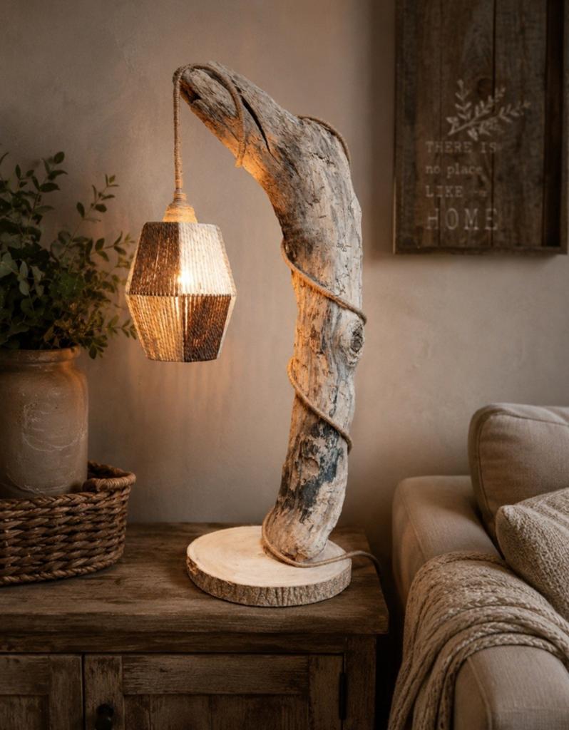 Landelijke robuuste lamp van drijfhout boomstam, Huis en Inrichting, Lampen | Tafellampen, Stoer sober robuust landelijk drijfhout
