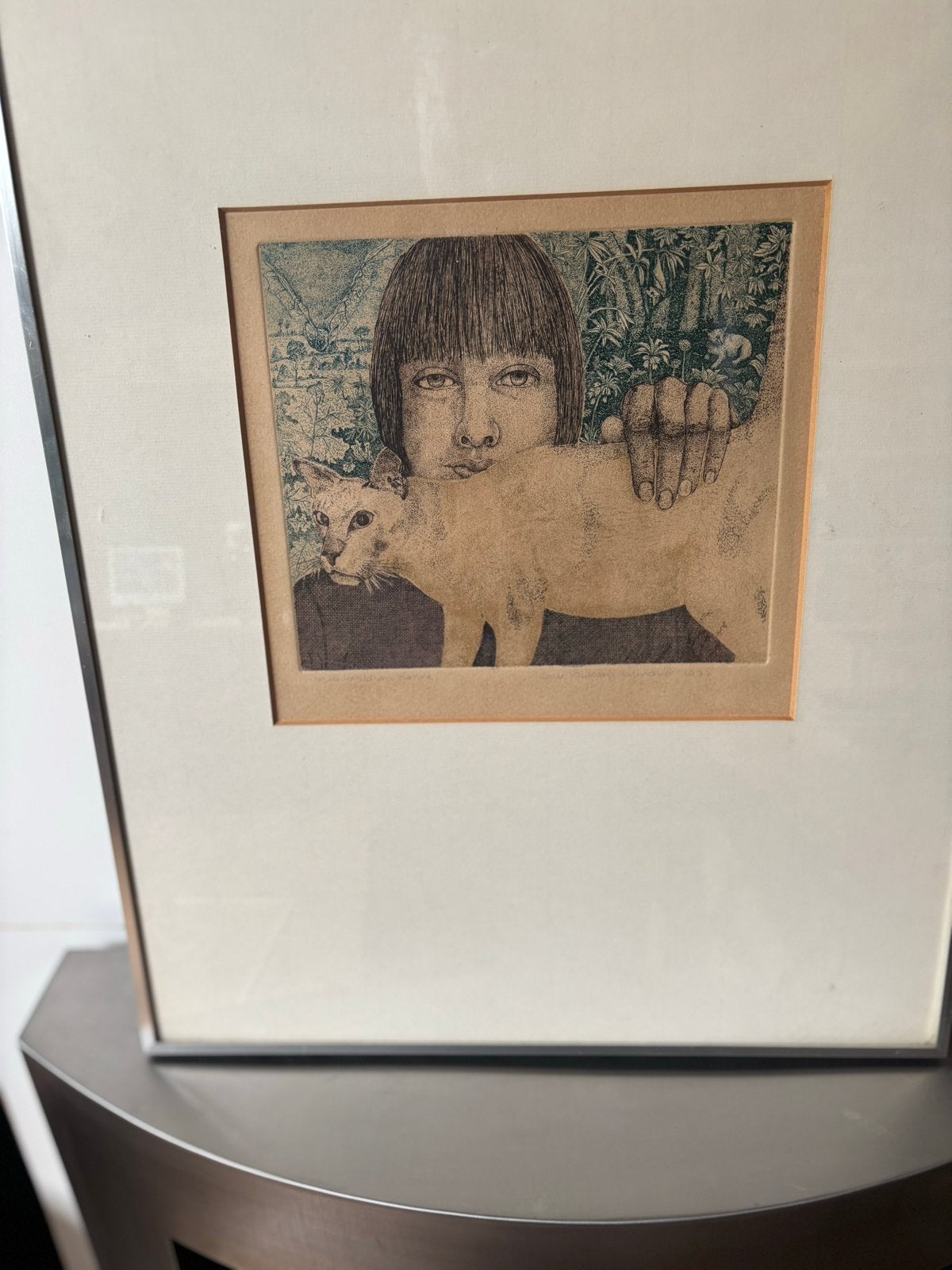 Ets van een kind met kat, ingelijst, Antiek en Kunst, Ophalen, Ingelijst, Flora en Fauna, 1950 - 1999