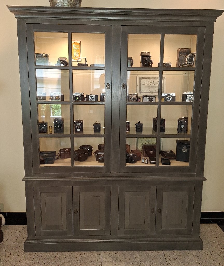 massief kersen vitrine kast met verlichting, Ophalen, Gebruikt, 200 cm of meer, 150 tot 200 cm