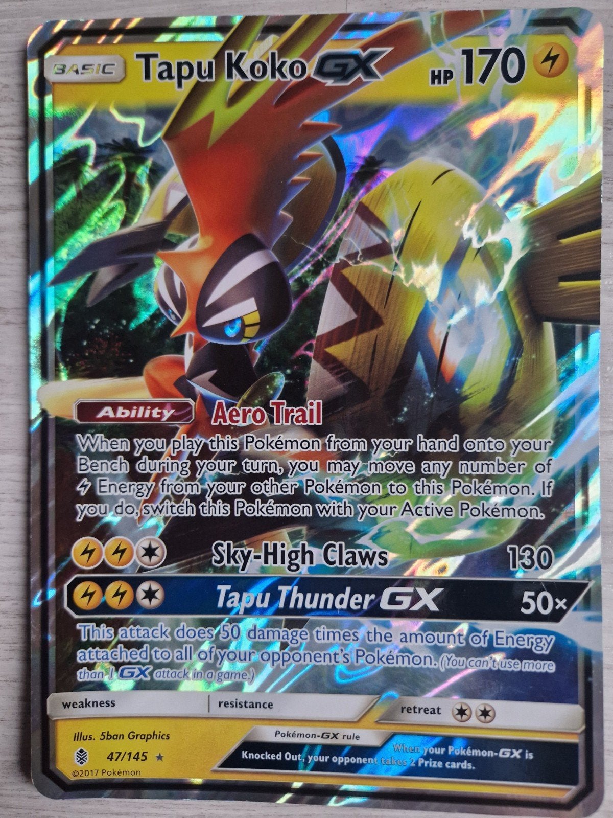 Tapu Koko GX jumbo Pokémonkaart 47/145, Ophalen of Verzenden, Zo goed als nieuw, Losse kaart, Foil