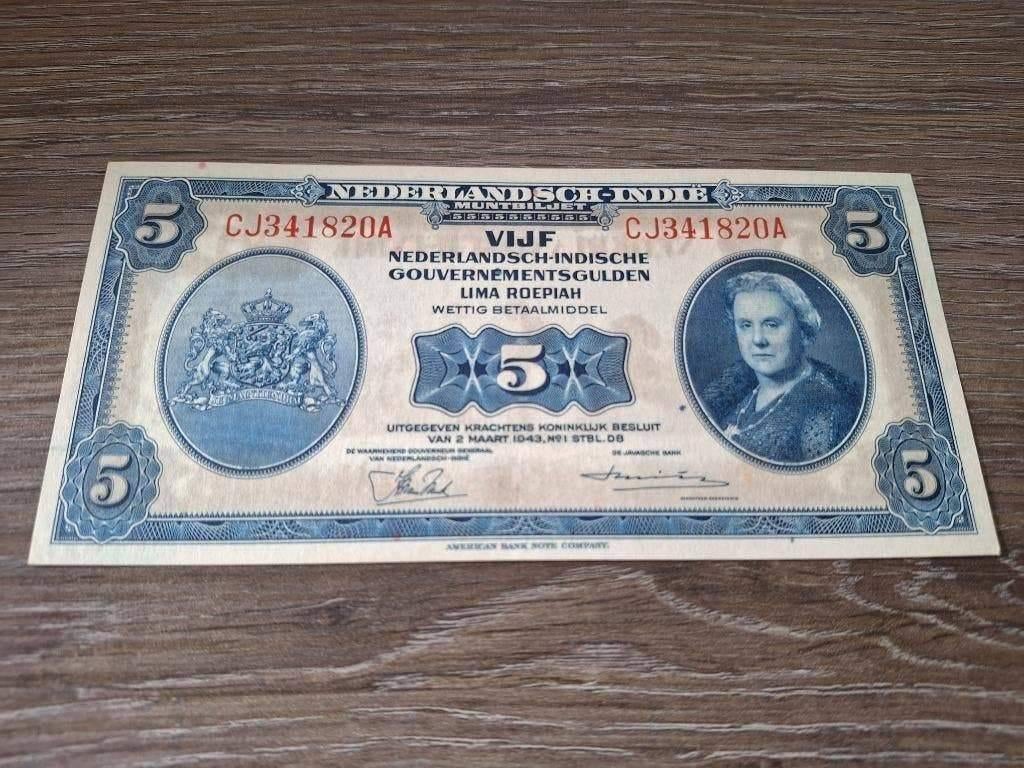 UNC biljet 5 gulden Nederlands-Indië, Wilhelmina 1943, Postzegels en Munten, Bankbiljetten | Nederland, Ophalen of Verzenden, 1 gulden