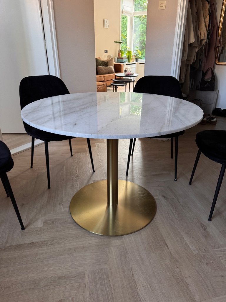 Eettafel rond Menno Marmer blad Wit Ø105cm Gouden Onderstel, Huis en Inrichting, Tafels | Eettafels, Ophalen, Overige materialen
