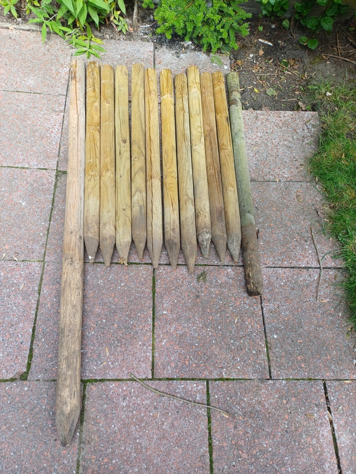 Tuinpalen / boompalen 11 stuks en 1 gratis., Ophalen, Gebruikt, Hout, Minder dan 3 meter