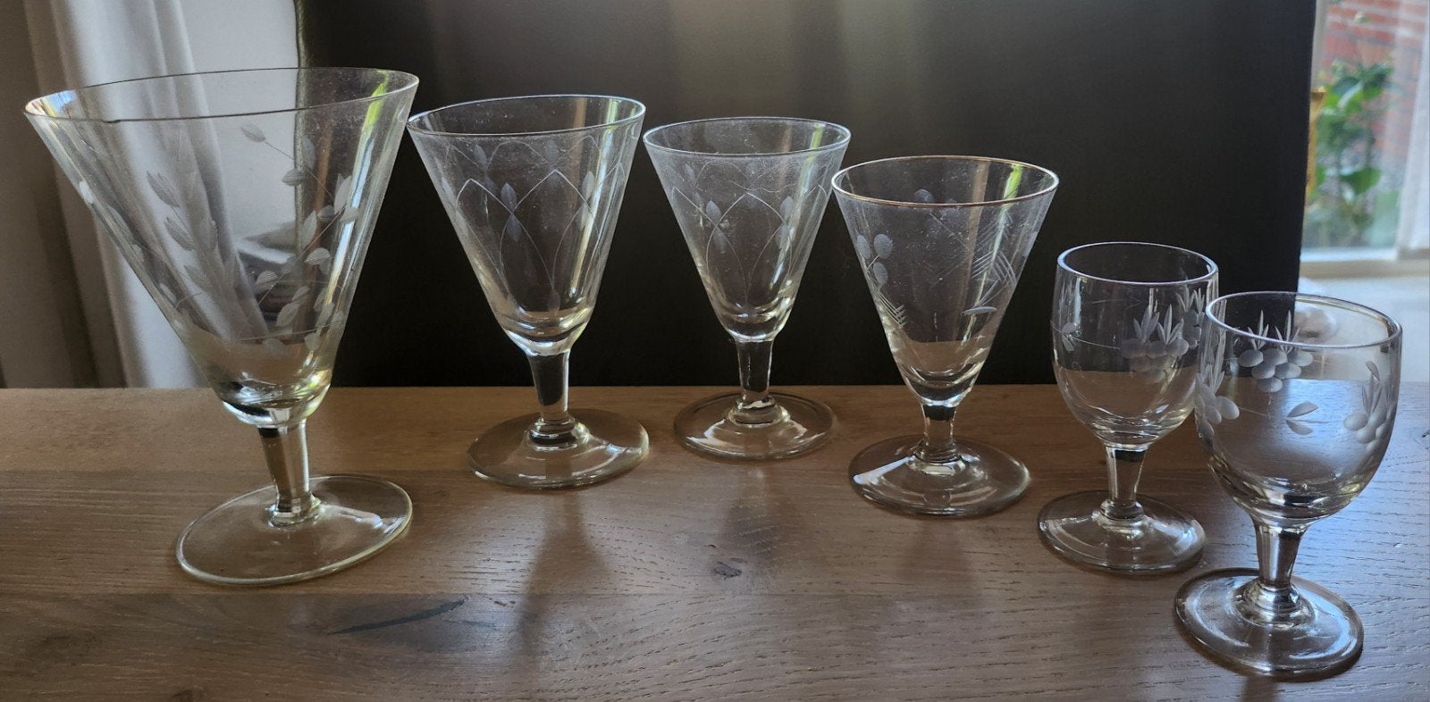 Set van 6 Vintage Geëtste Glazen, Antiek en Kunst, Antiek | Glas en Kristal, Ophalen of Verzenden