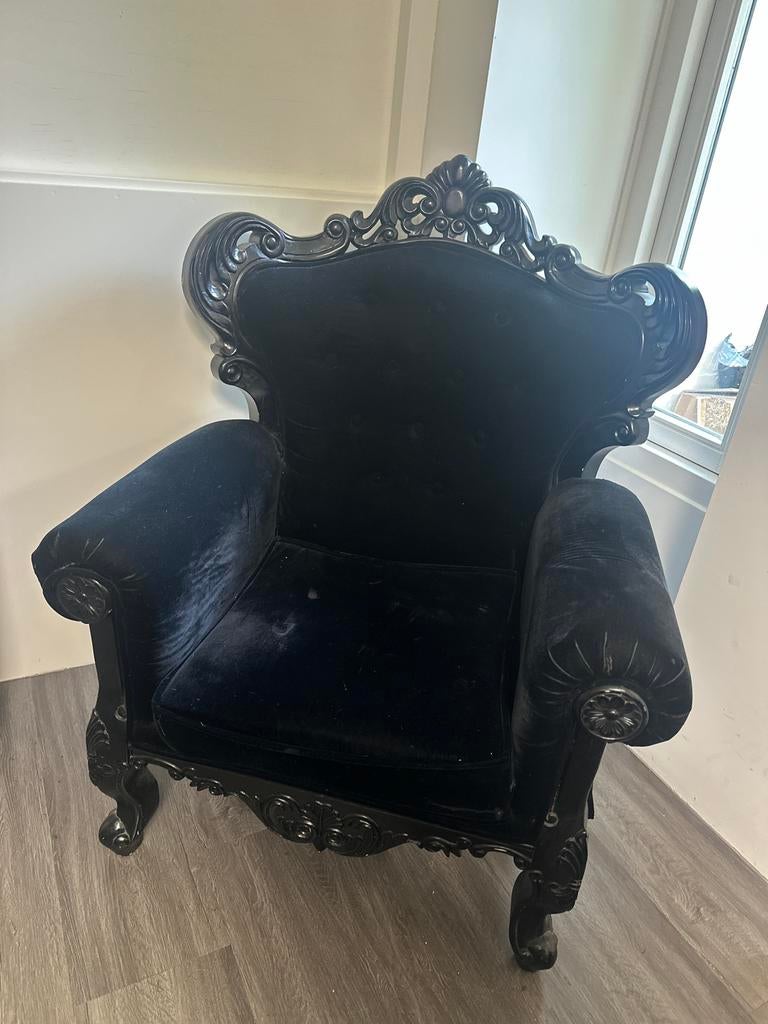 Elegante Barok Stijl Fauteuil - Zwart Velours, Antiek en Kunst, Antiek | Meubels | Stoelen en Banken, Ophalen of Verzenden
