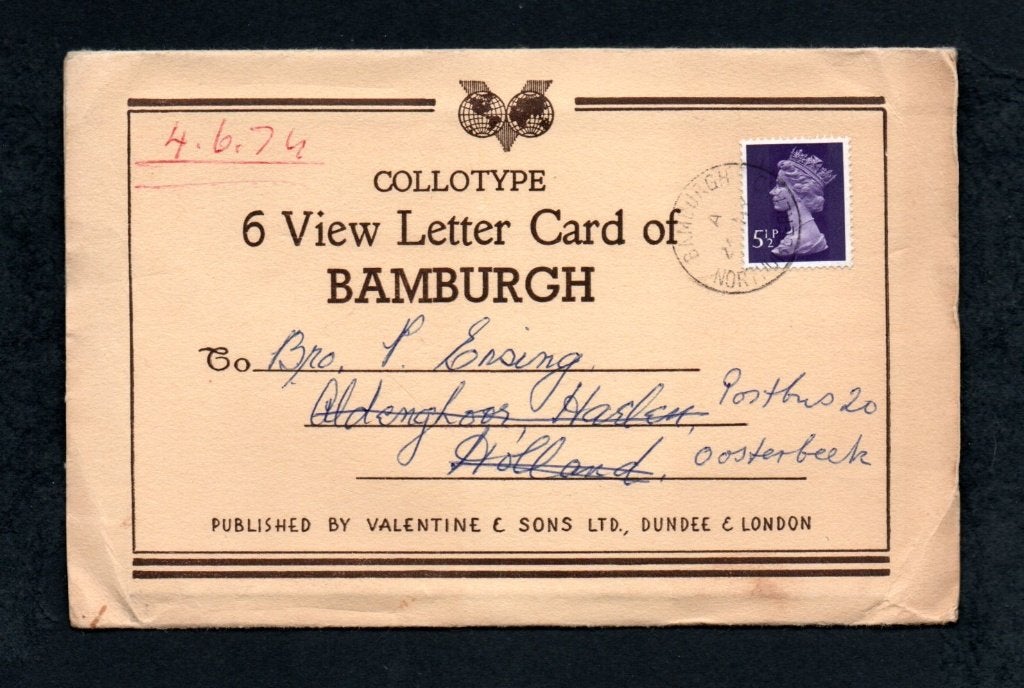 Oude 6 gezichten-briefkaart uit Bamburgh, UK, Ophalen of Verzenden, 1960 tot 1980, Gelopen, Engeland