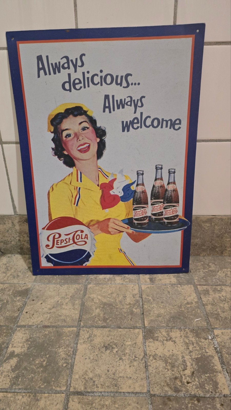 Vintage Pepsi-Cola reclamebord - "Always delicious...", Ophalen, Gebruikt, Reclamebord