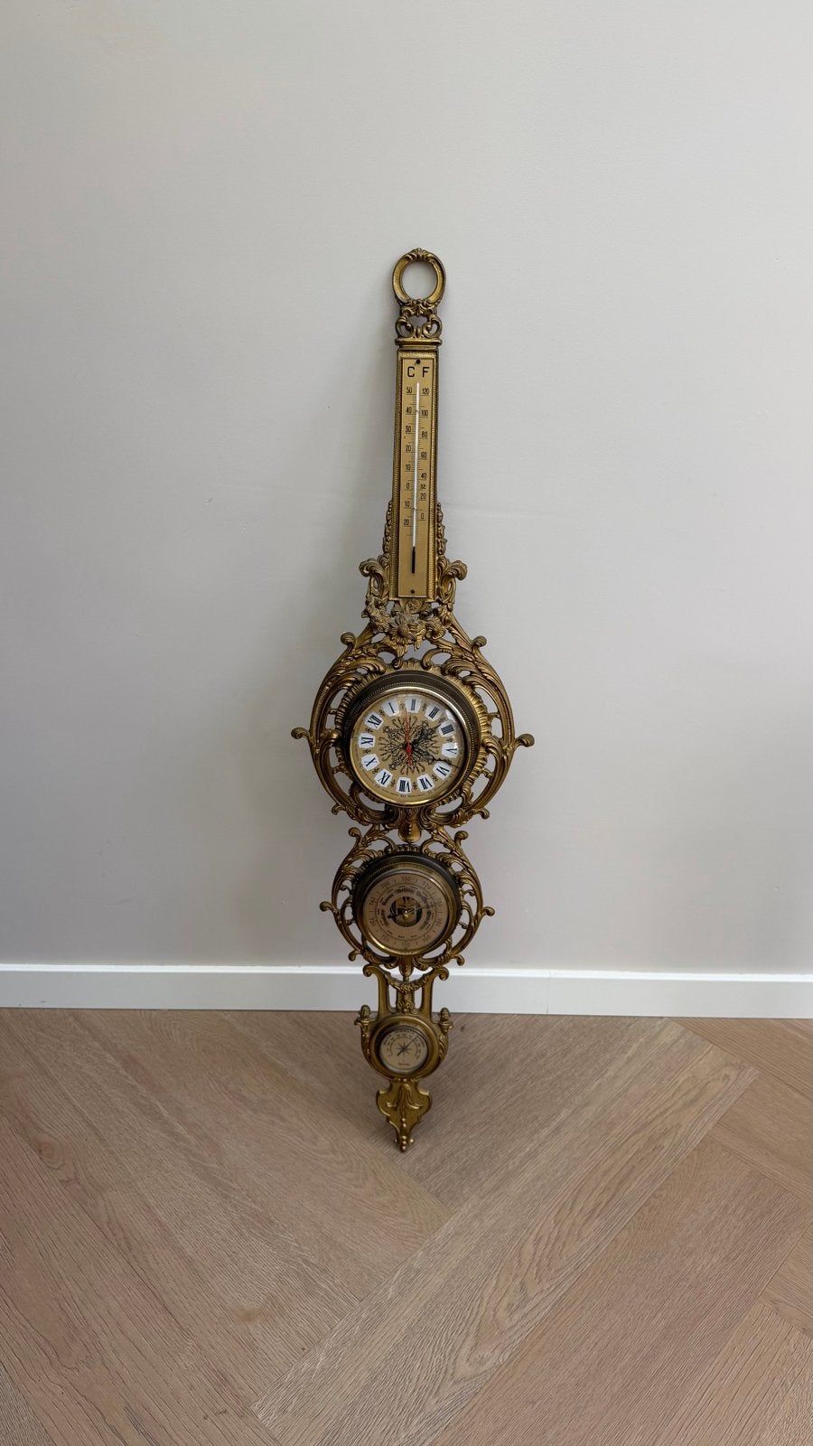 Antieke bronzen barometer met klok en thermometer, Ophalen