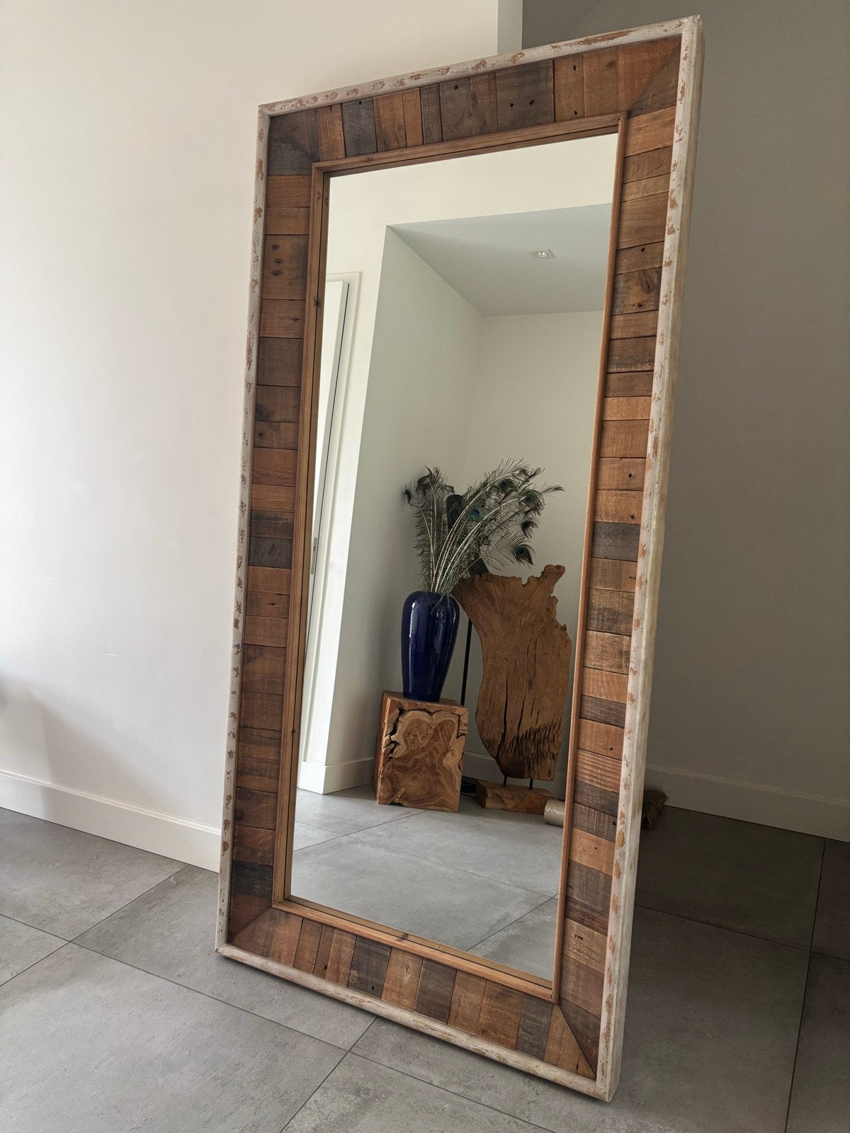 Grote spiegel met robuuste houten lijst - 195x95 cm, Ophalen, Zo goed als nieuw, 75 tot 100 cm, 150 tot 200 cm