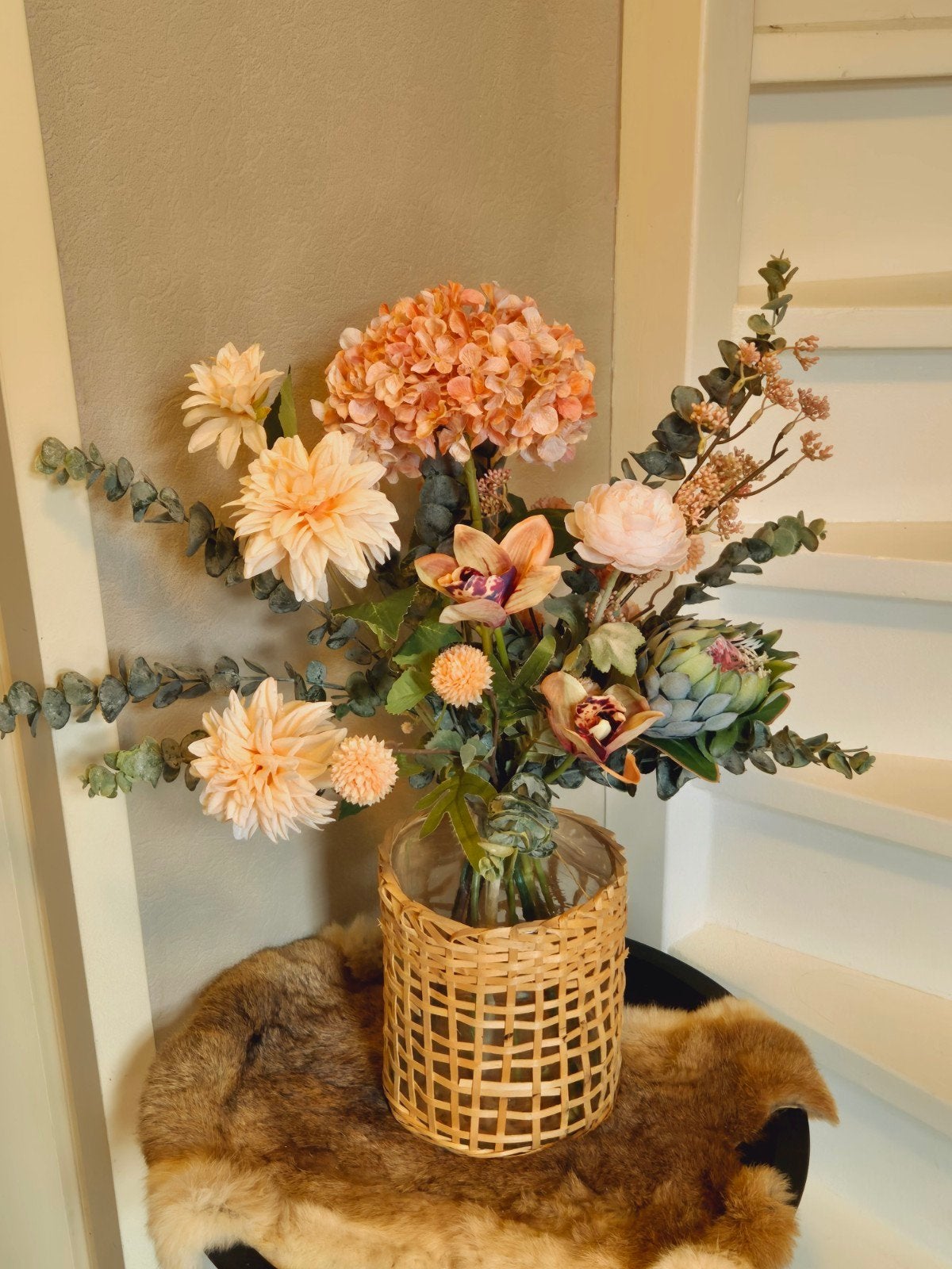 zijde boeket bloemen zalm roze inclusief vaas, Ophalen, Binnen, Boeket, Overige merken