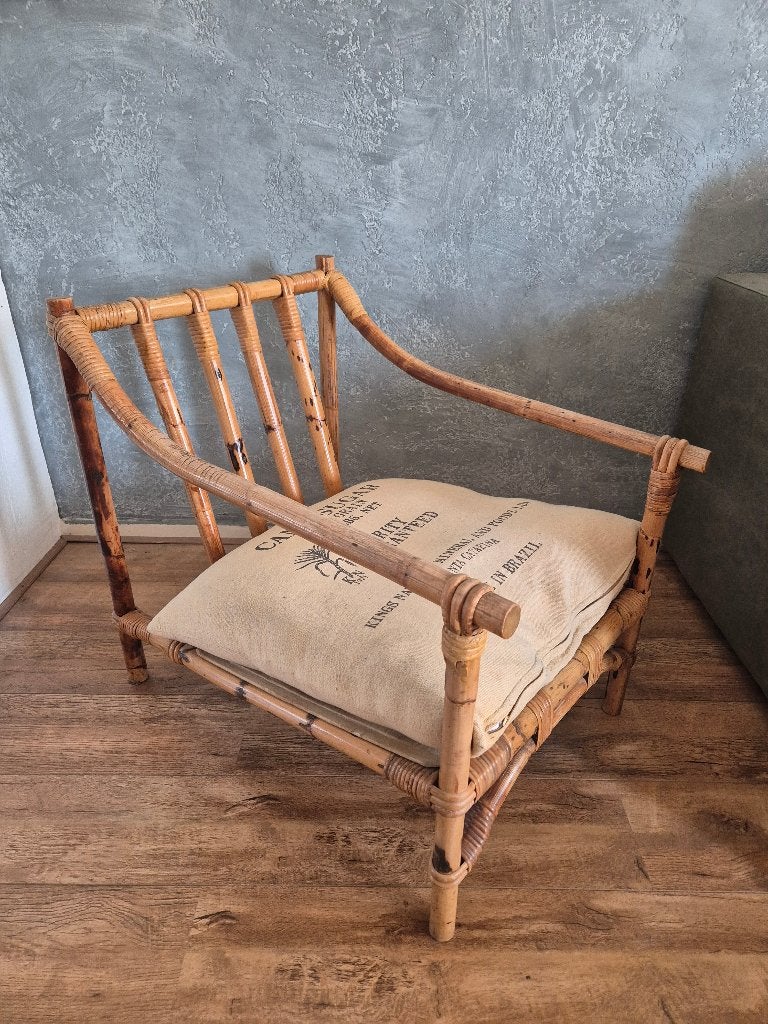​Vintage Rotan / Bamboe Fauteuil incl. Jute-look Kussen, Ophalen
